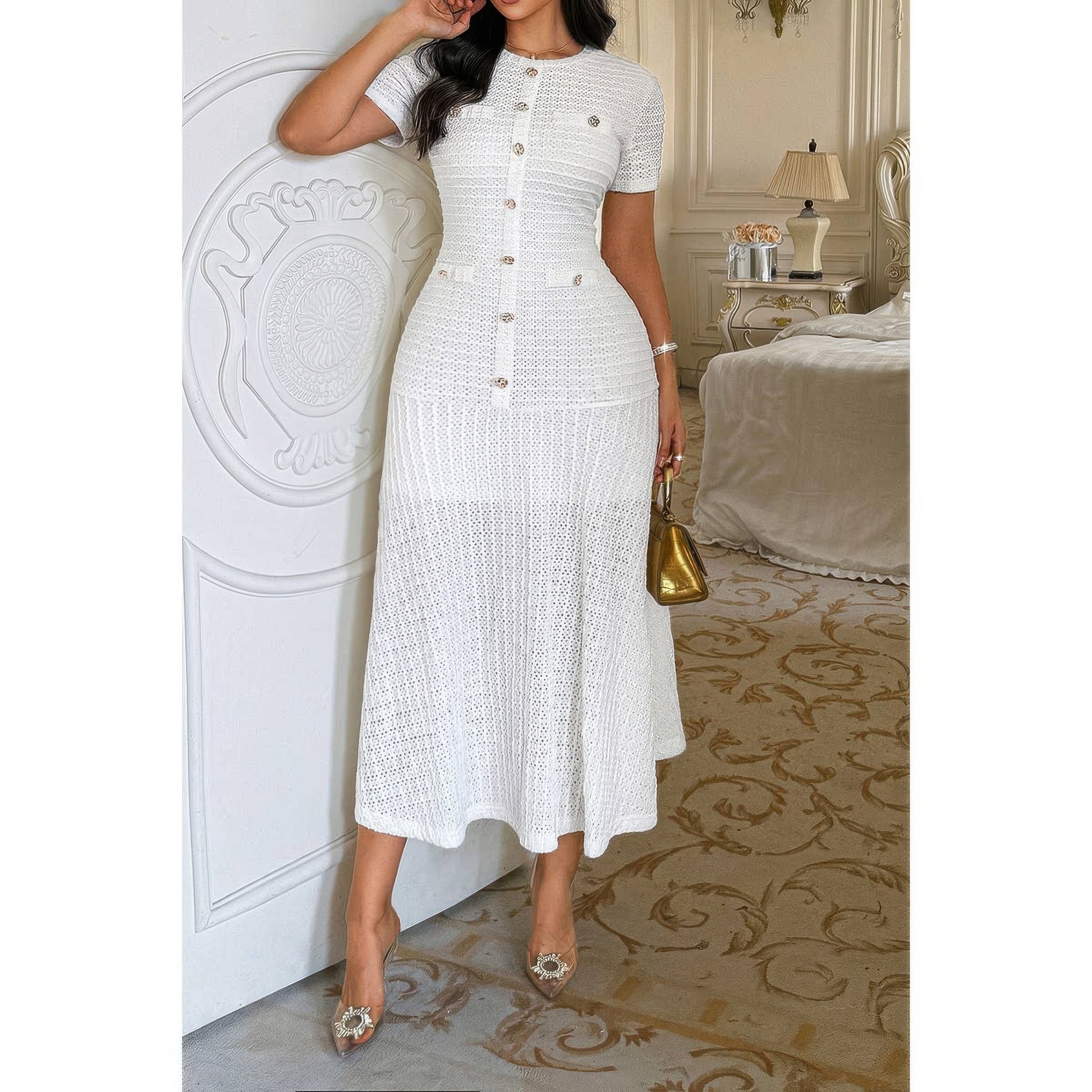 Solid Round Neck Button Elegant Sheath Dress