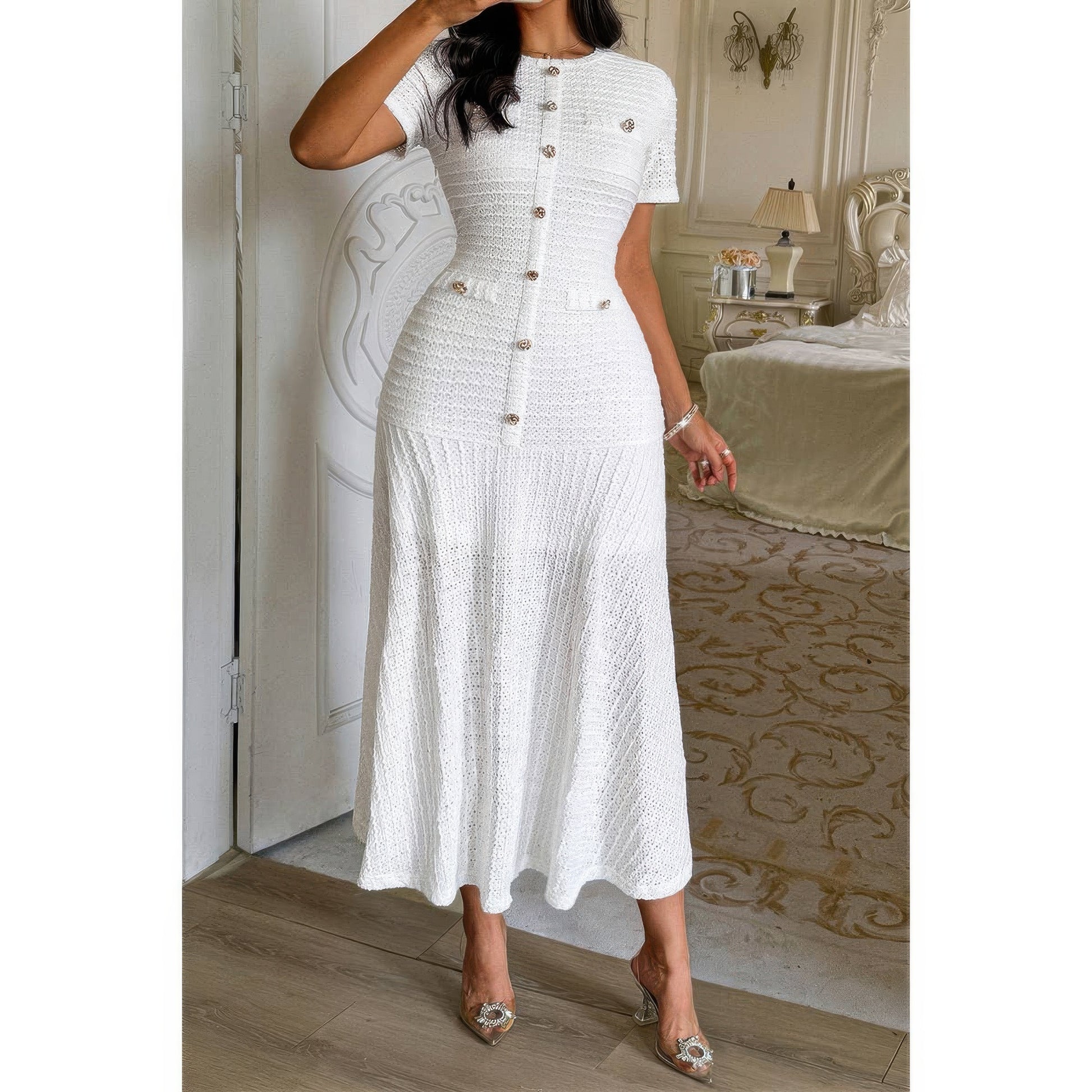 Solid Round Neck Button Elegant Sheath Dress