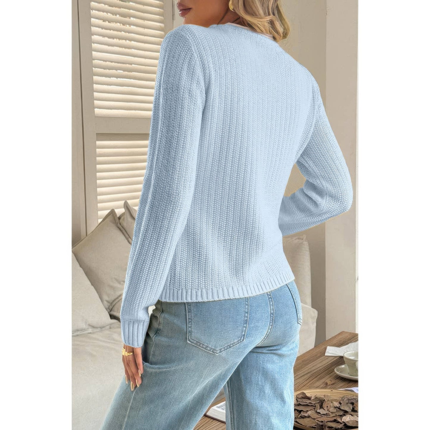 V Neck Cropped Long Sleeve Texture Knit Sweater