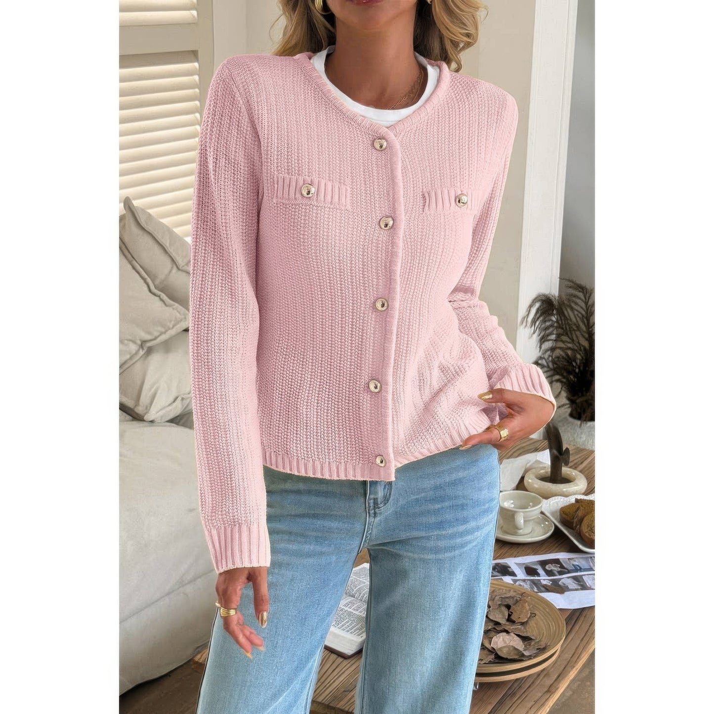 V Neck Cropped Long Sleeve Texture Knit Sweater