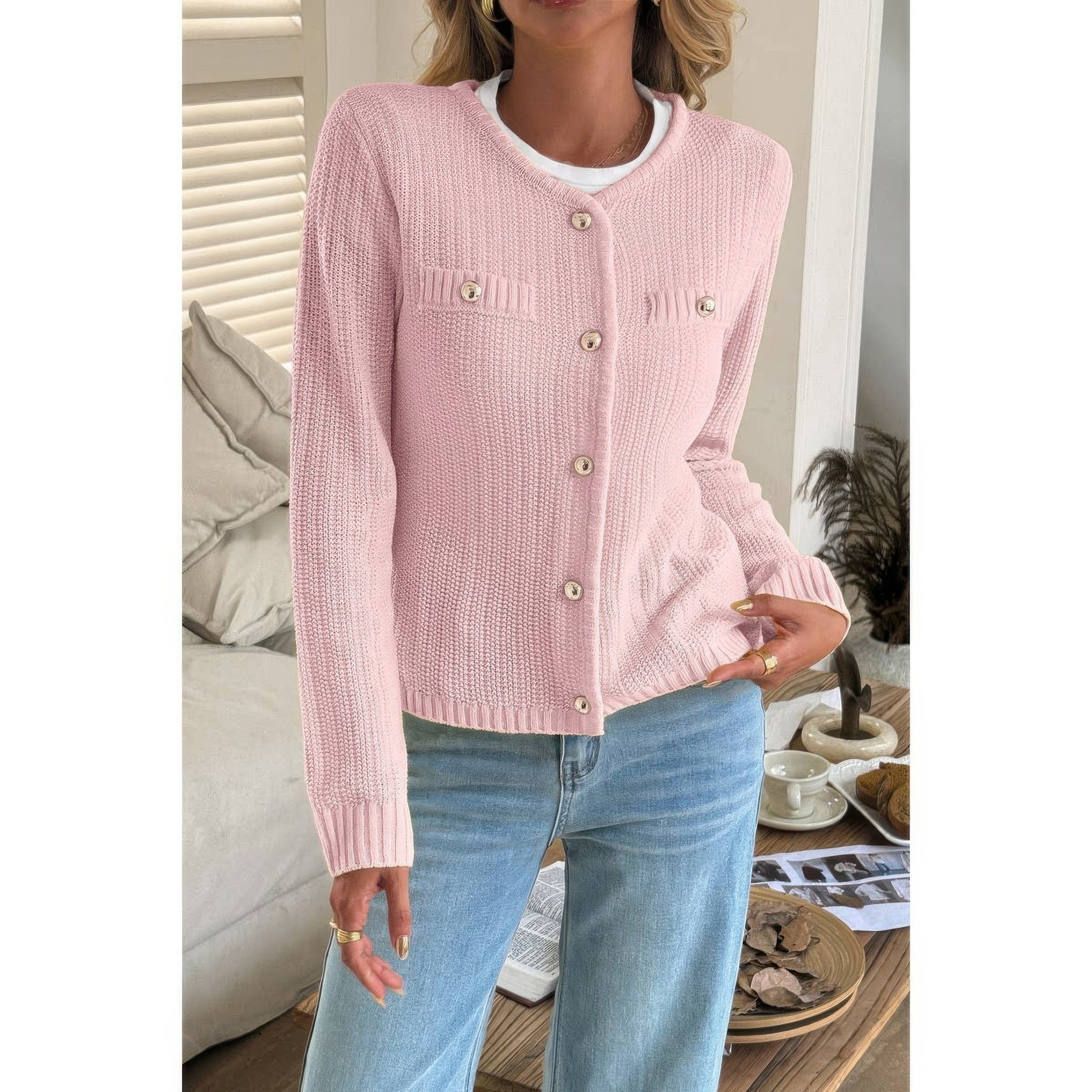 V Neck Cropped Long Sleeve Texture Knit Sweater