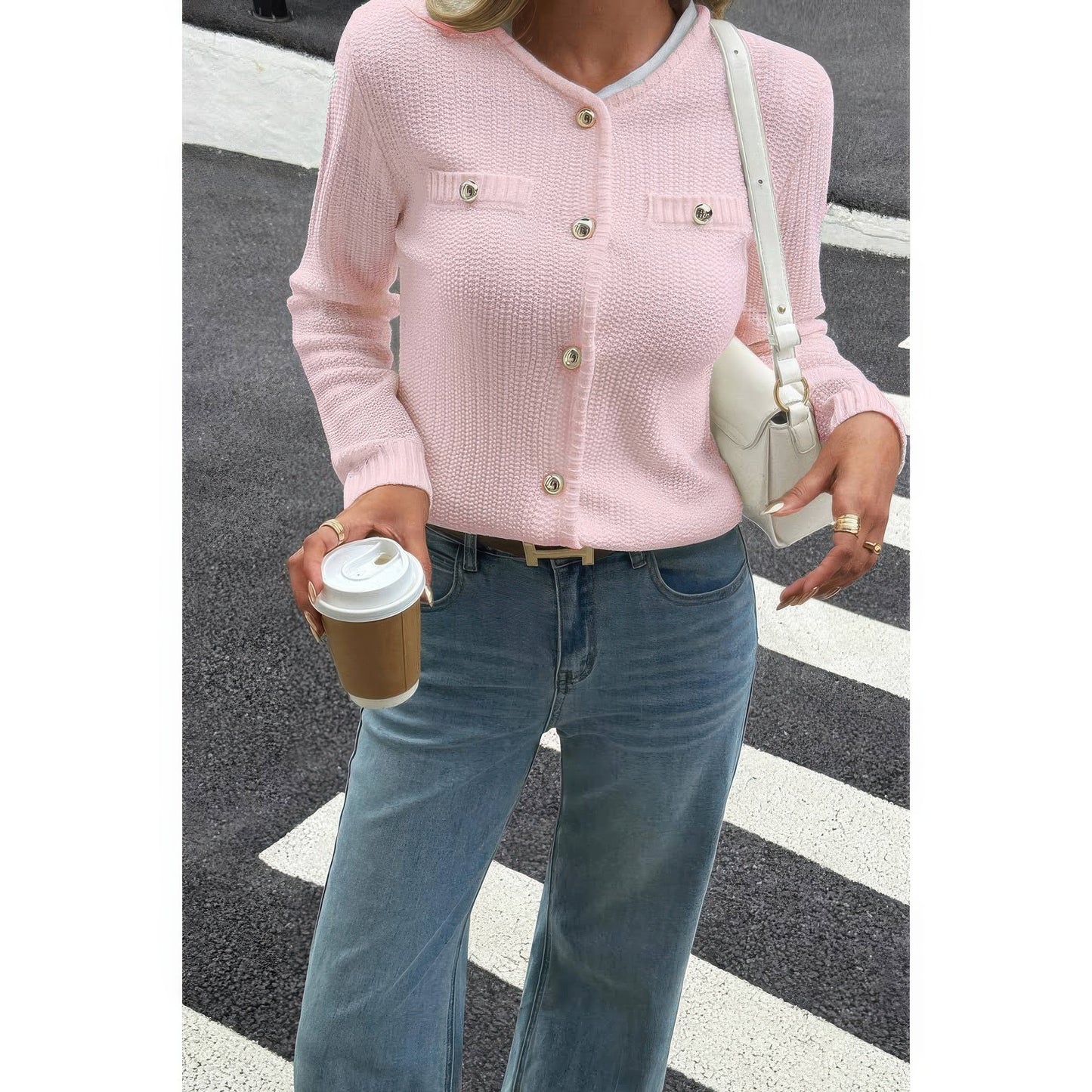 V Neck Cropped Long Sleeve Texture Knit Sweater