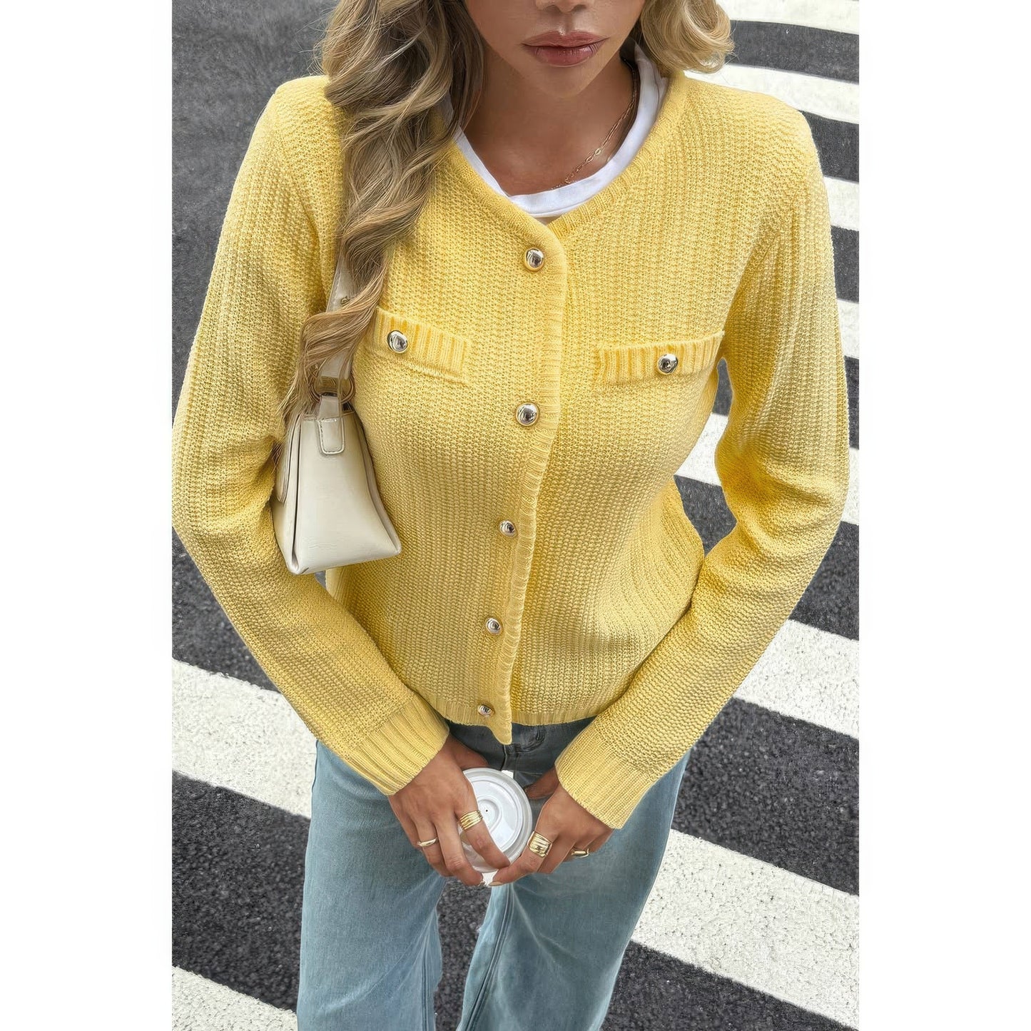 V Neck Cropped Long Sleeve Texture Knit Sweater