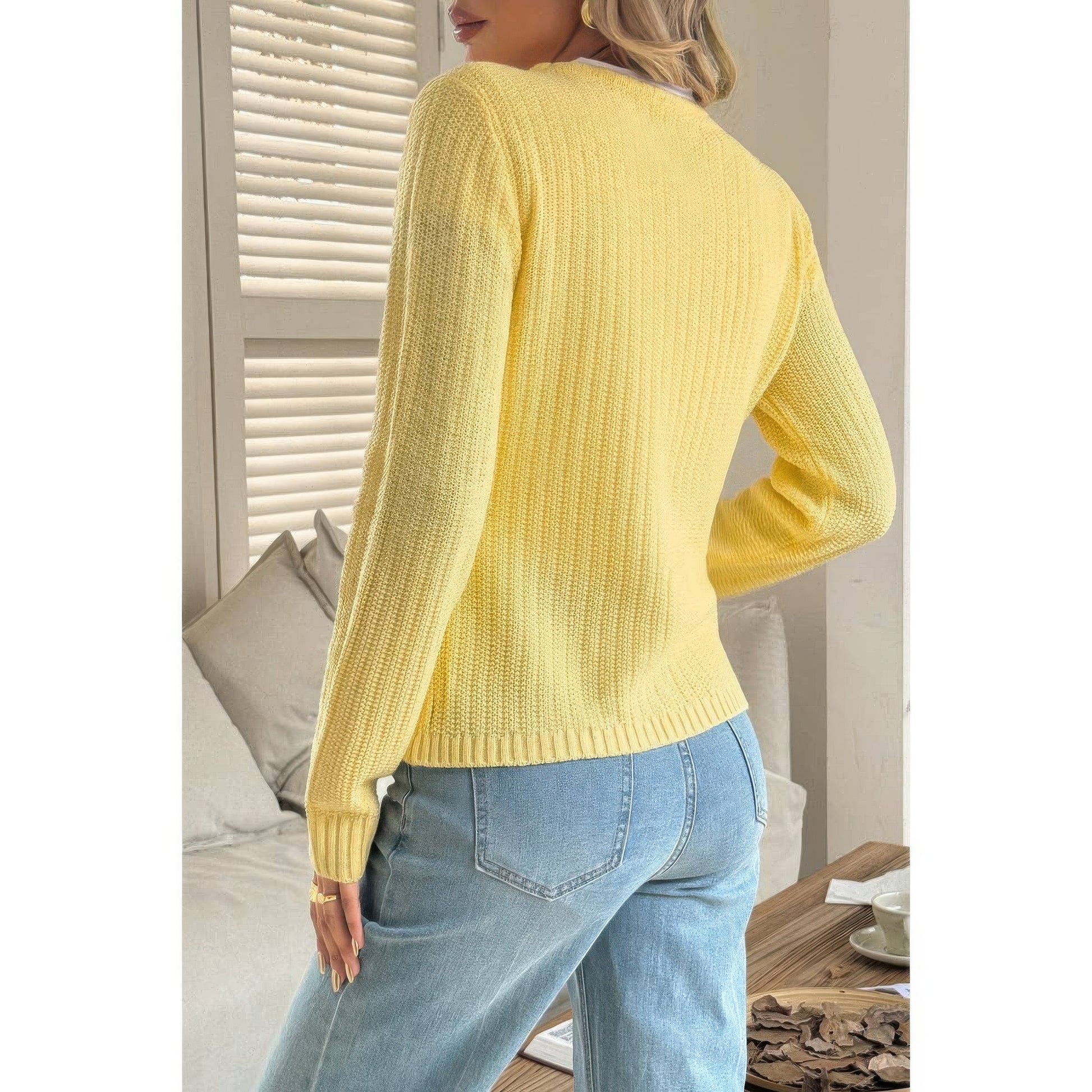 V Neck Cropped Long Sleeve Texture Knit Sweater