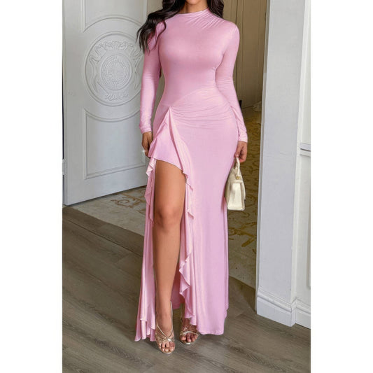Curvy Slit Elegant Ruched Long Sleeve Dress