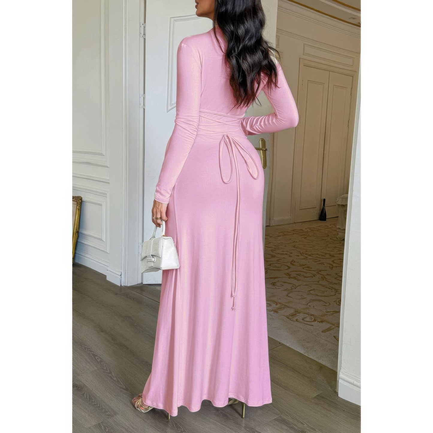Curvy Slit Elegant Ruched Long Sleeve Dress