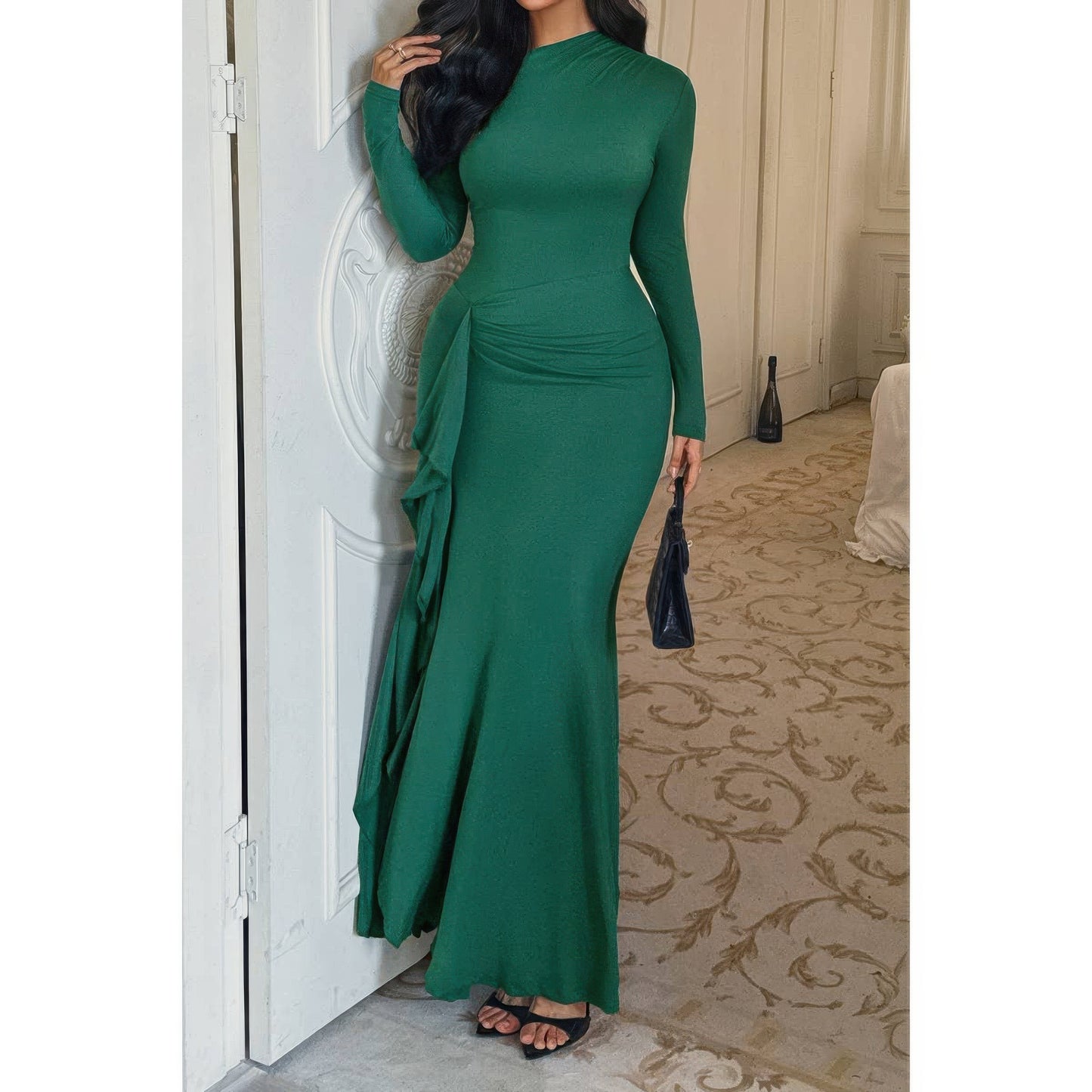 Curvy Slit Elegant Ruched Long Sleeve Dress