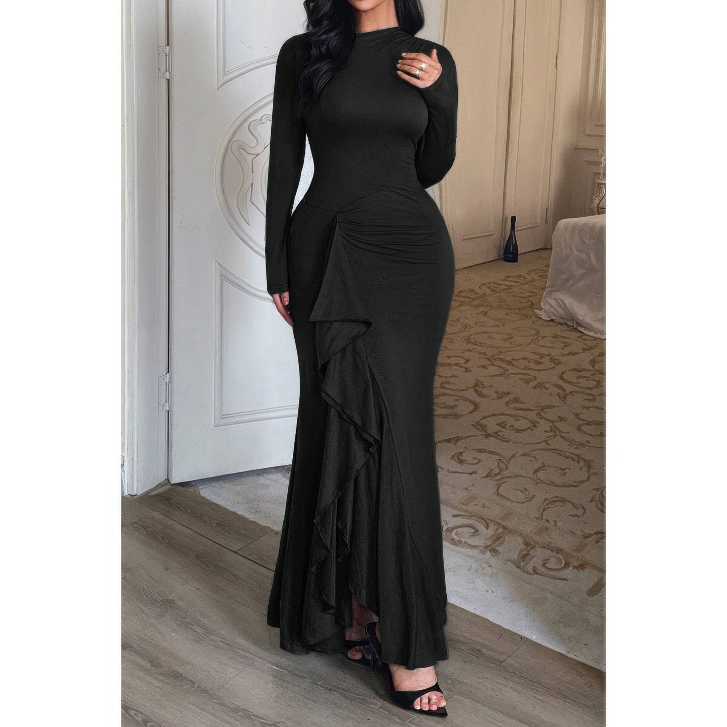 Curvy Slit Elegant Ruched Long Sleeve Dress