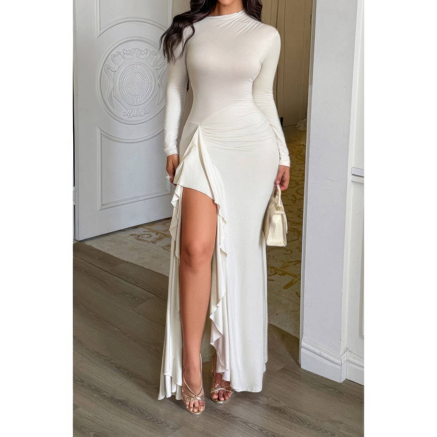 Curvy Slit Elegant Ruched Long Sleeve Dress