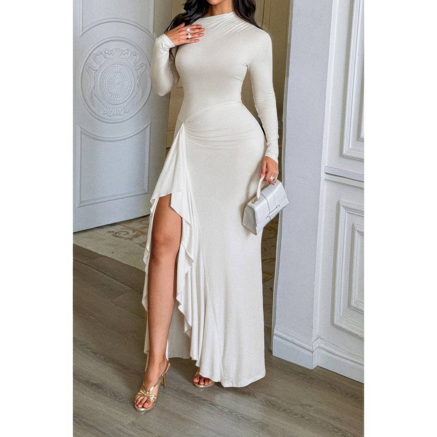 Curvy Slit Elegant Ruched Long Sleeve Dress