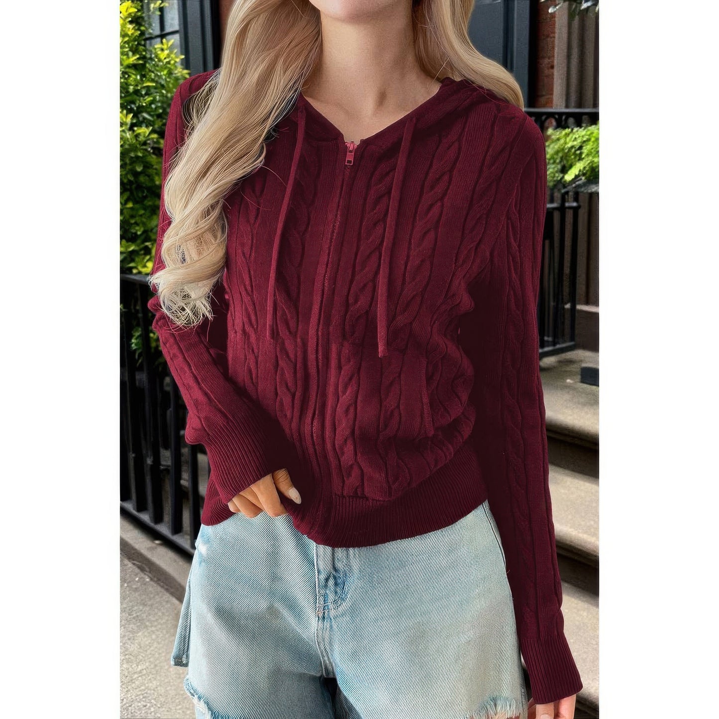 Solid Pocket Cable Knit Hooded Jacket