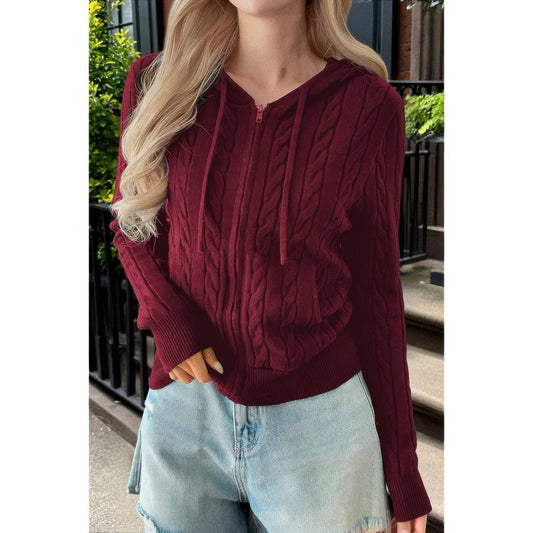 Solid Pocket Cable Knit Hooded Jacket