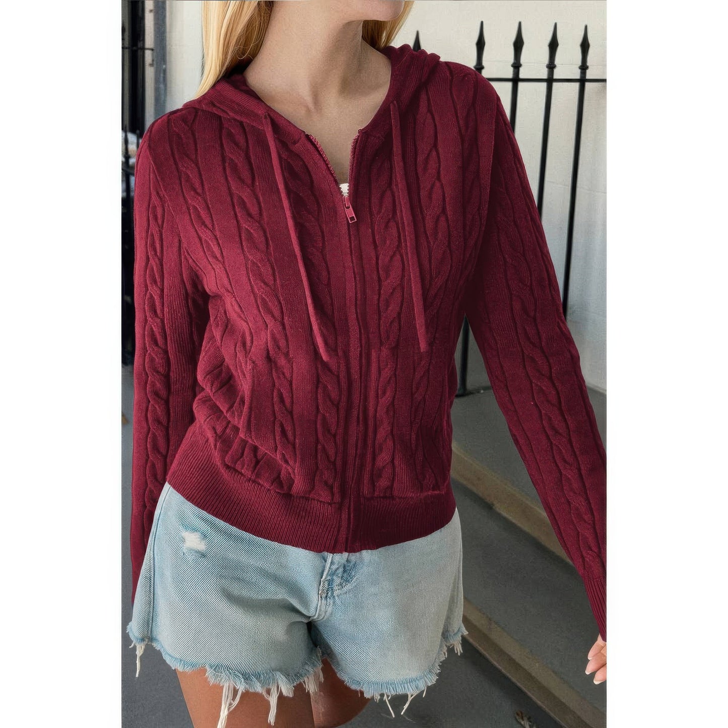 Solid Pocket Cable Knit Hooded Jacket