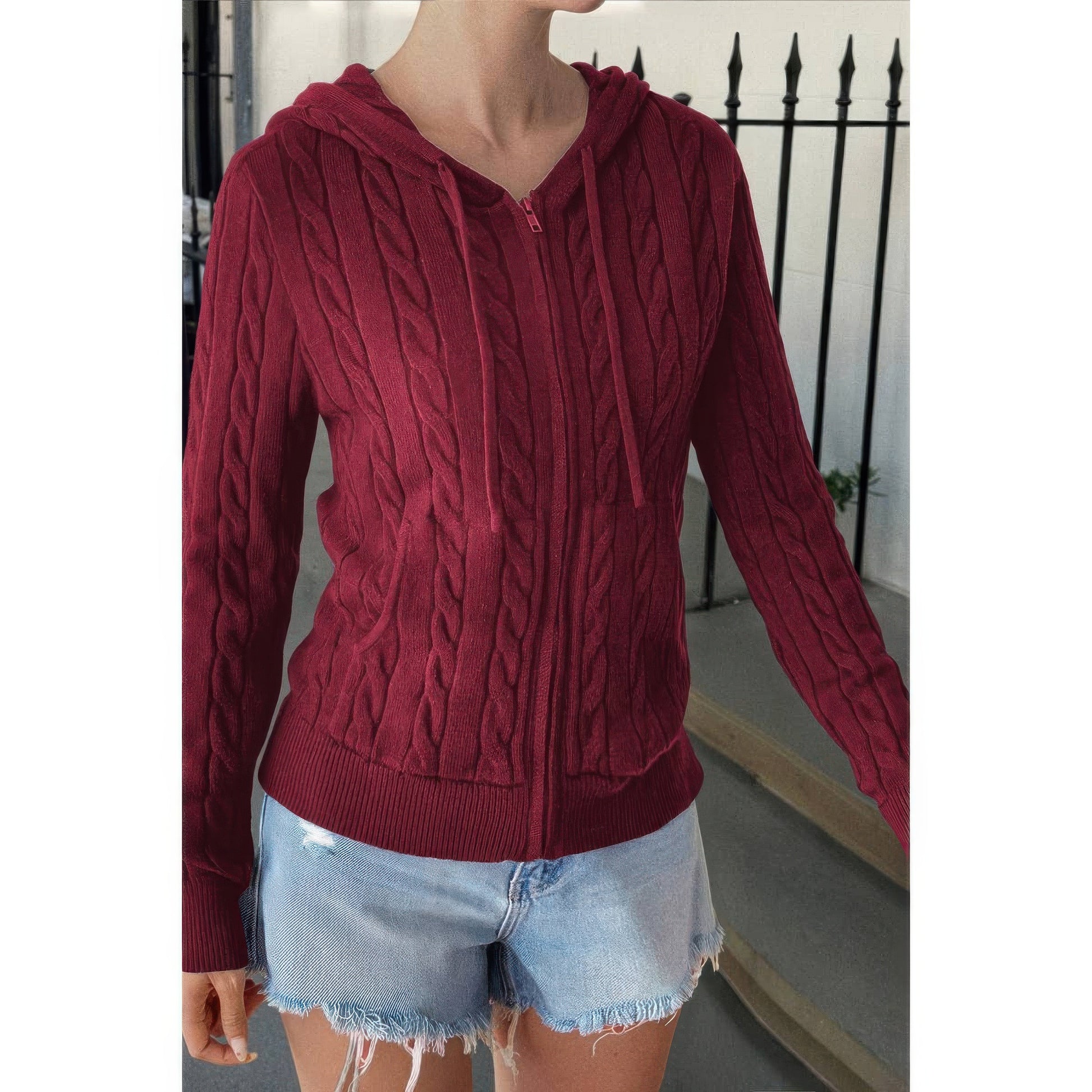 Solid Pocket Cable Knit Hooded Jacket