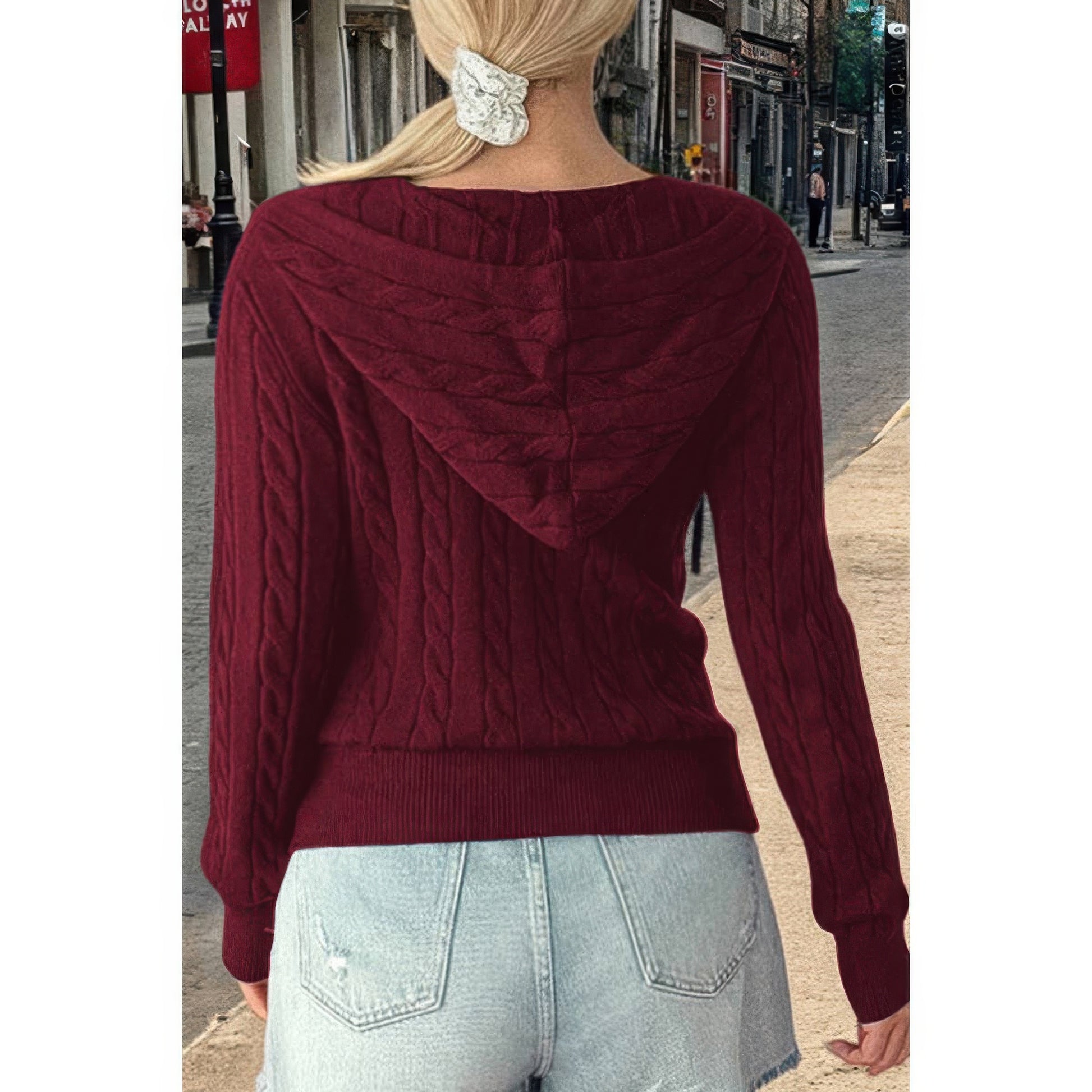 Solid Pocket Cable Knit Hooded Jacket