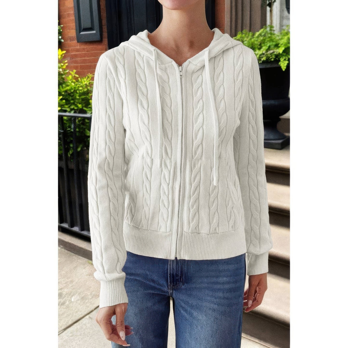 Solid Pocket Cable Knit Hooded Jacket