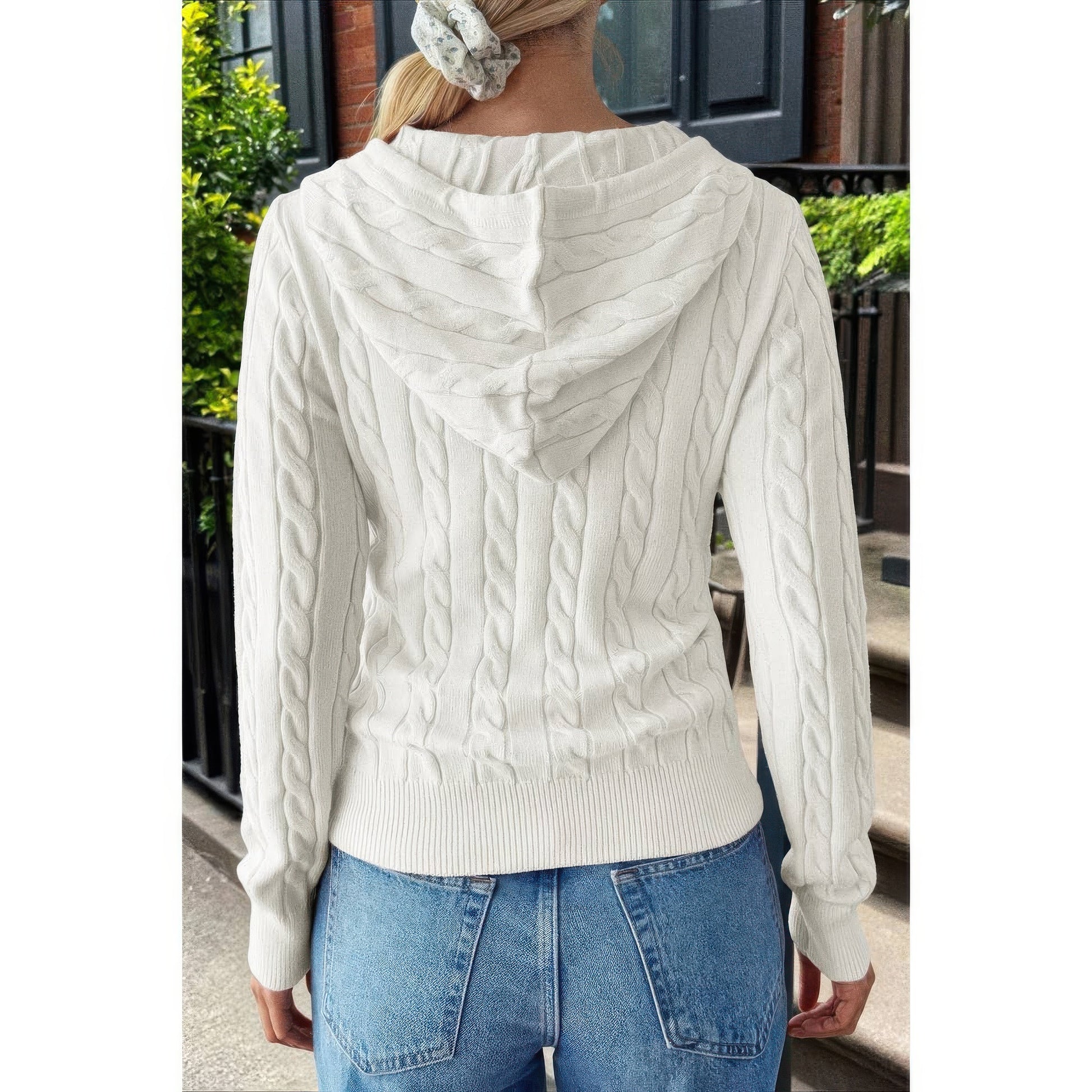 Solid Pocket Cable Knit Hooded Jacket