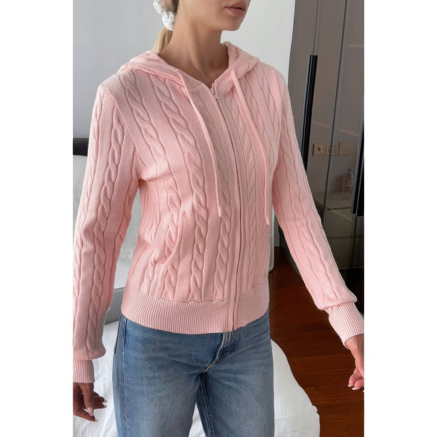 Solid Pocket Cable Knit Hooded Jacket