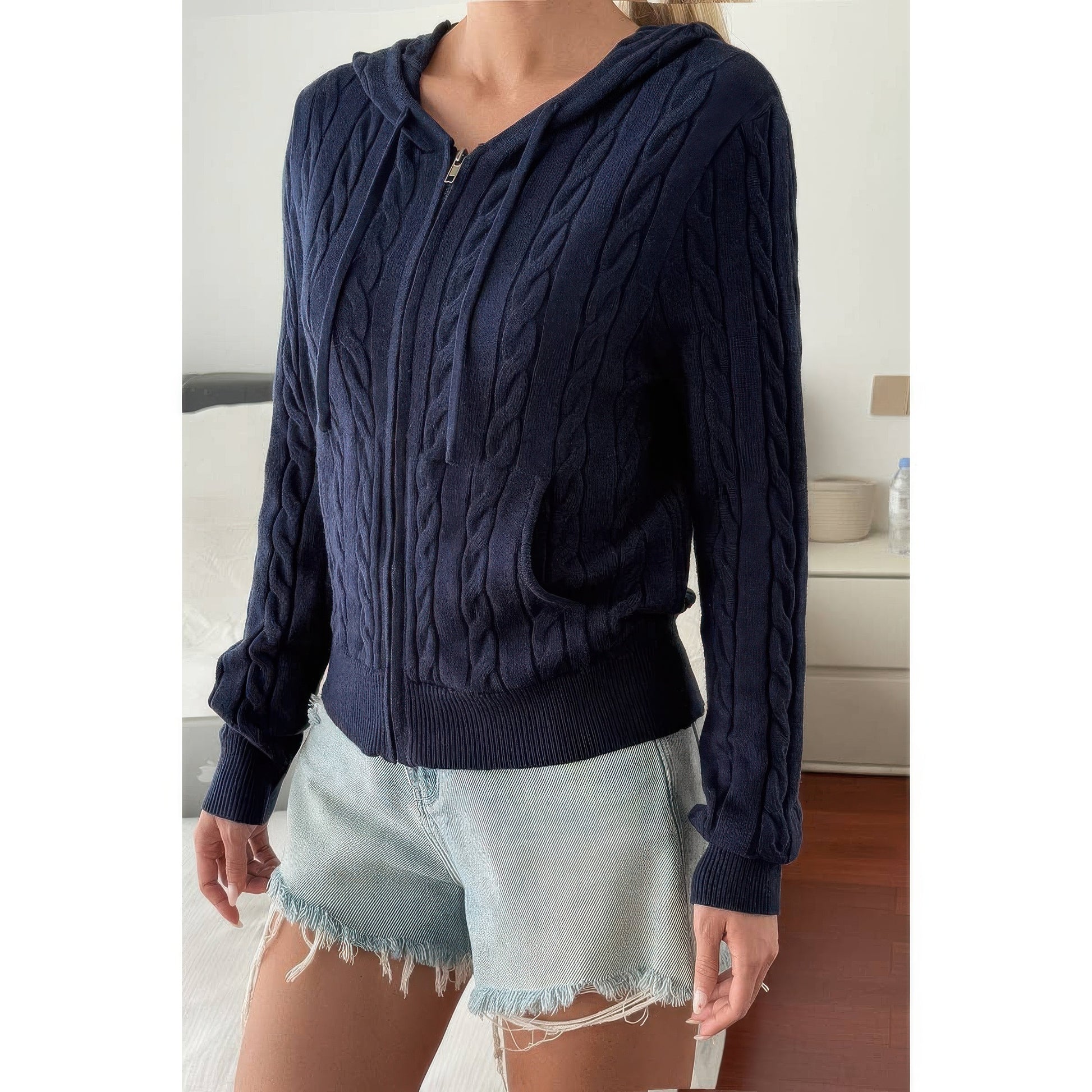 Solid Pocket Cable Knit Hooded Jacket