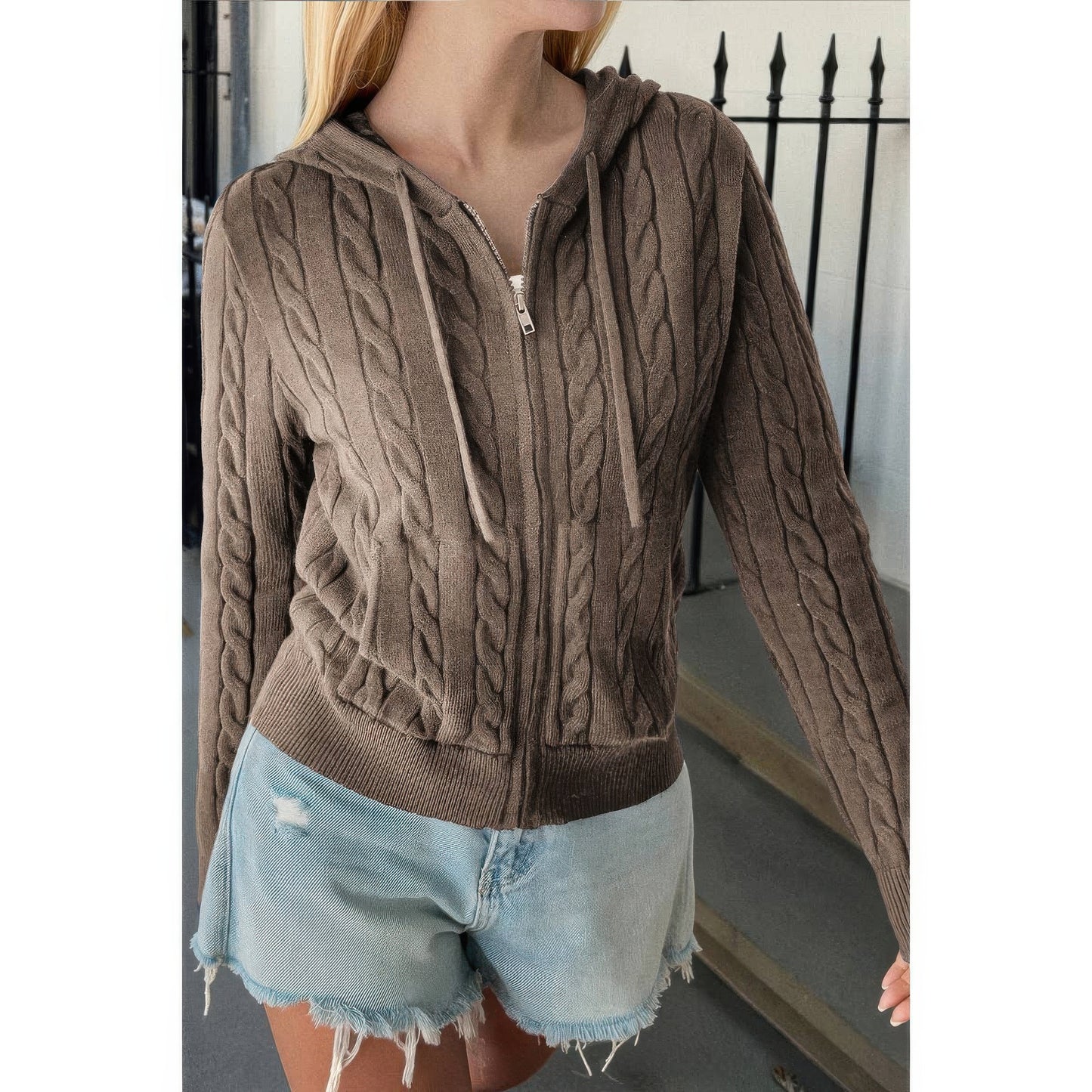 Solid Pocket Cable Knit Hooded Jacket