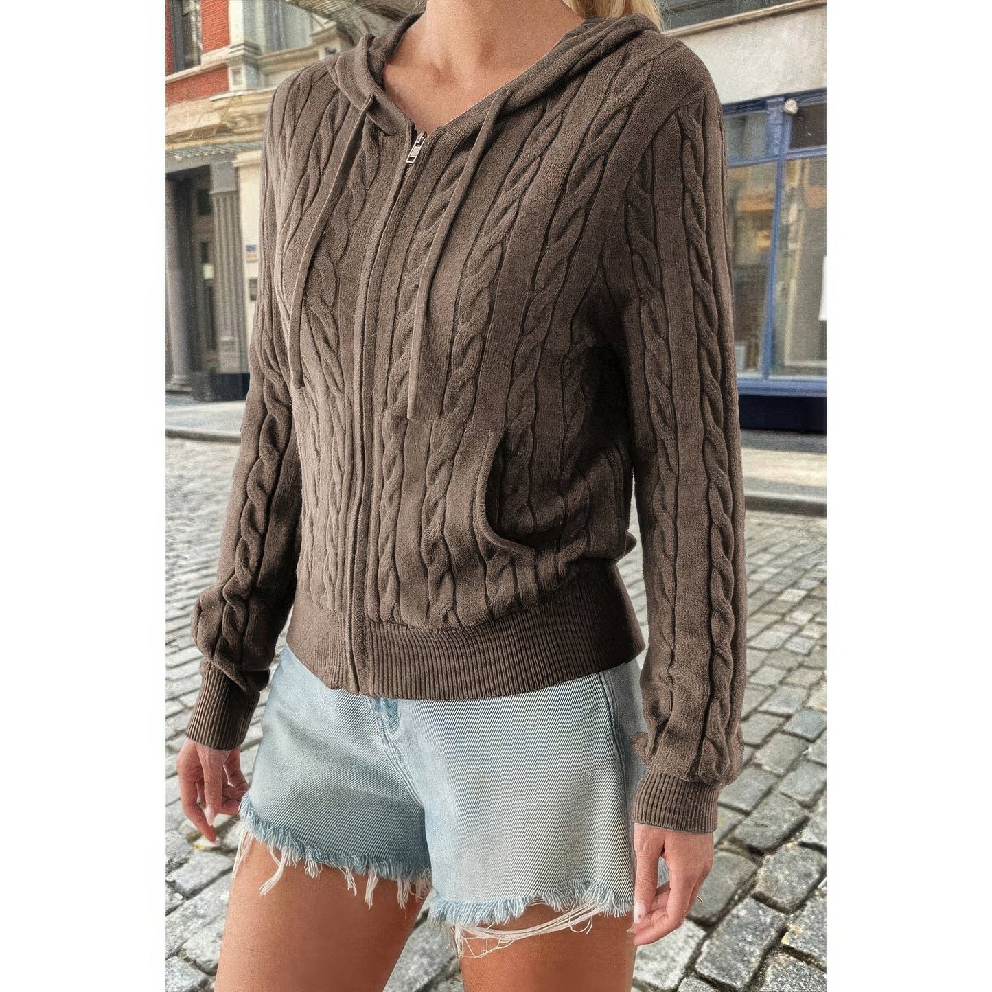 Solid Pocket Cable Knit Hooded Jacket