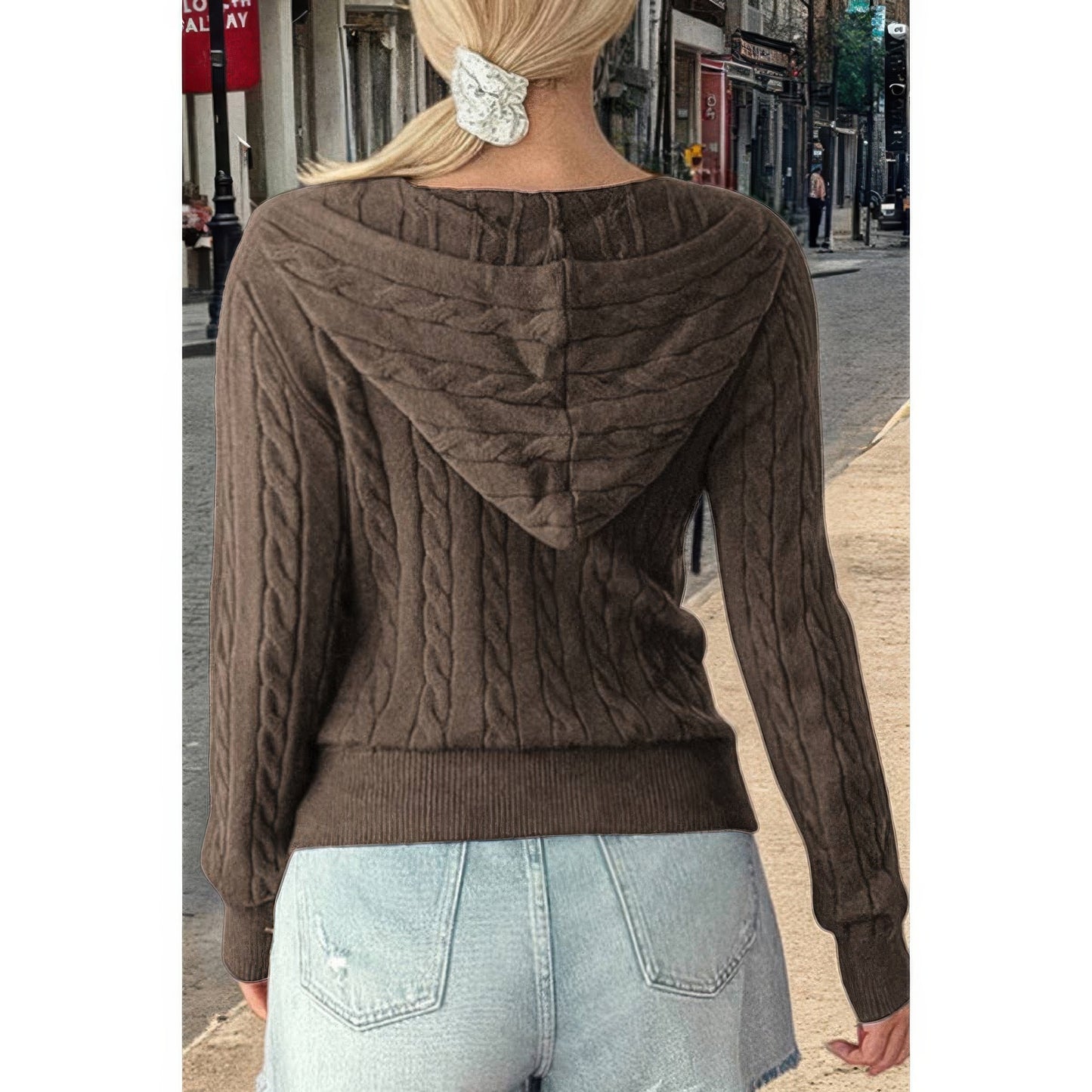 Solid Pocket Cable Knit Hooded Jacket