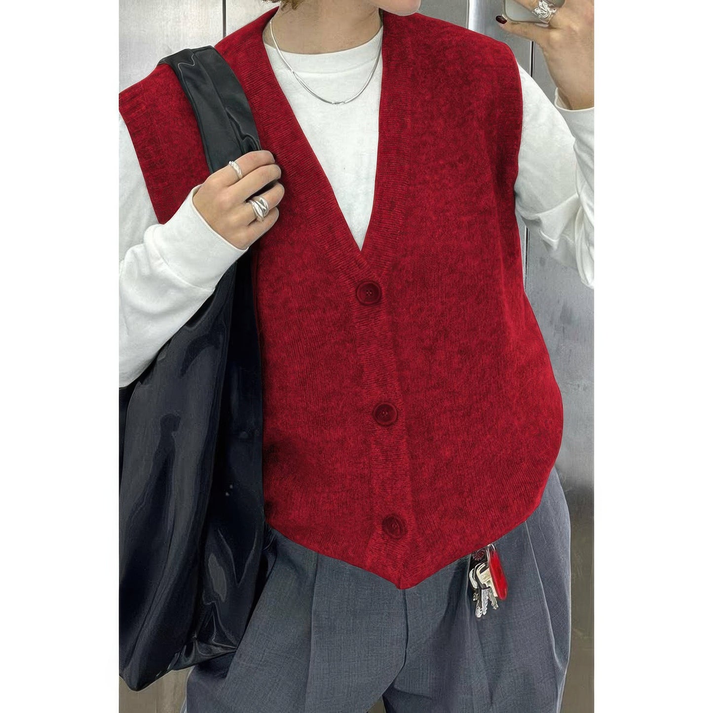 Solid V Neck Sleeveless Knitted Cardigan Vest