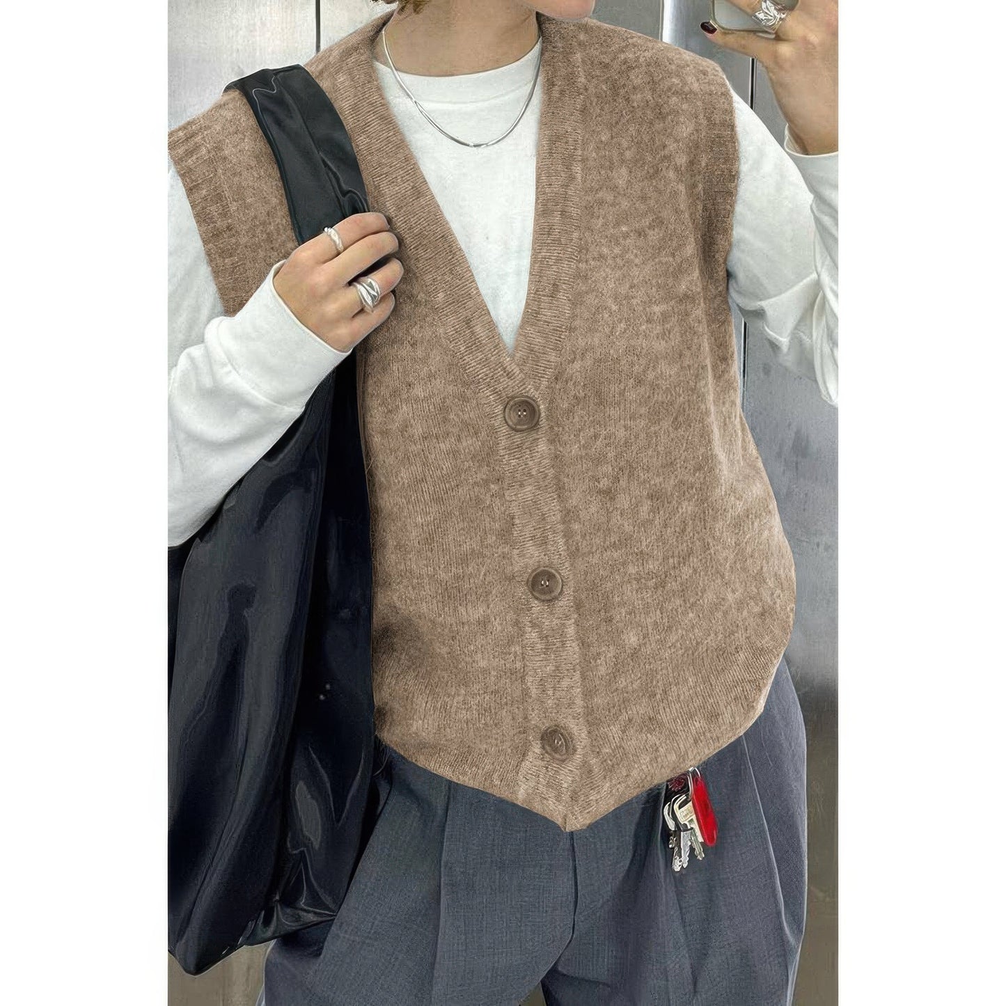 Solid V Neck Sleeveless Knitted Cardigan Vest