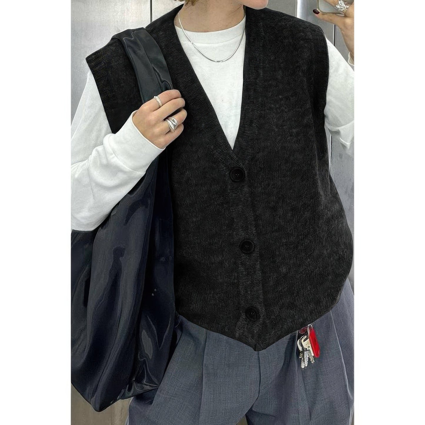 Solid V Neck Sleeveless Knitted Cardigan Vest