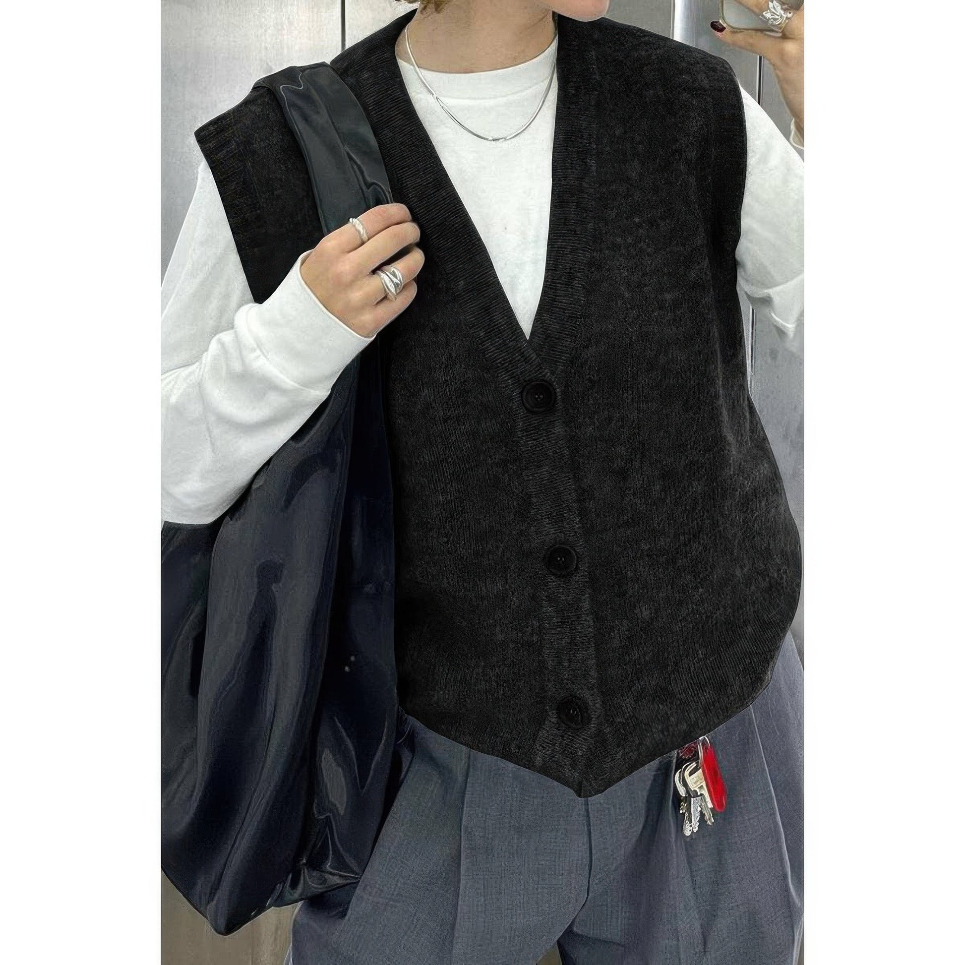 Solid V Neck Sleeveless Knitted Cardigan Vest