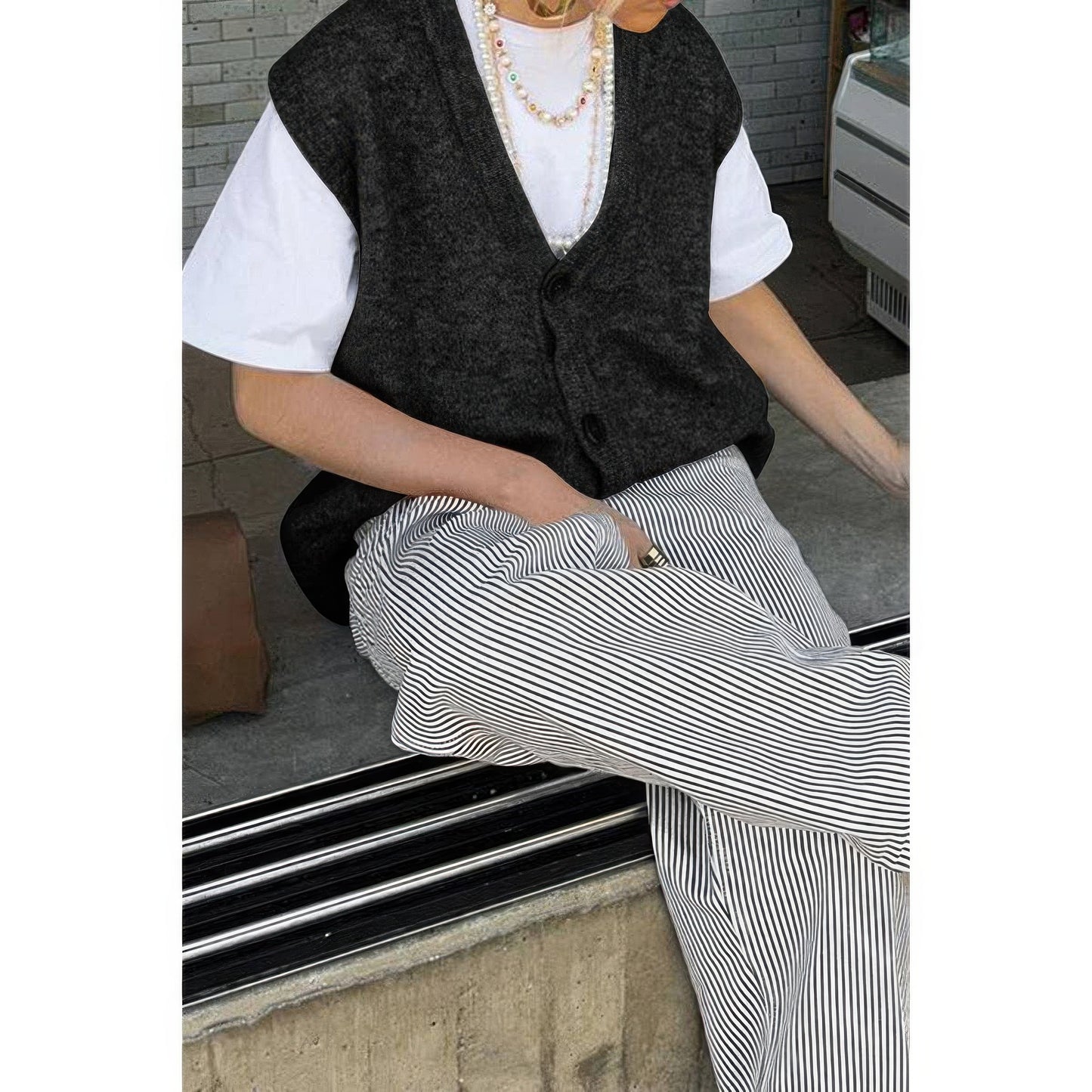 Solid V Neck Sleeveless Knitted Cardigan Vest