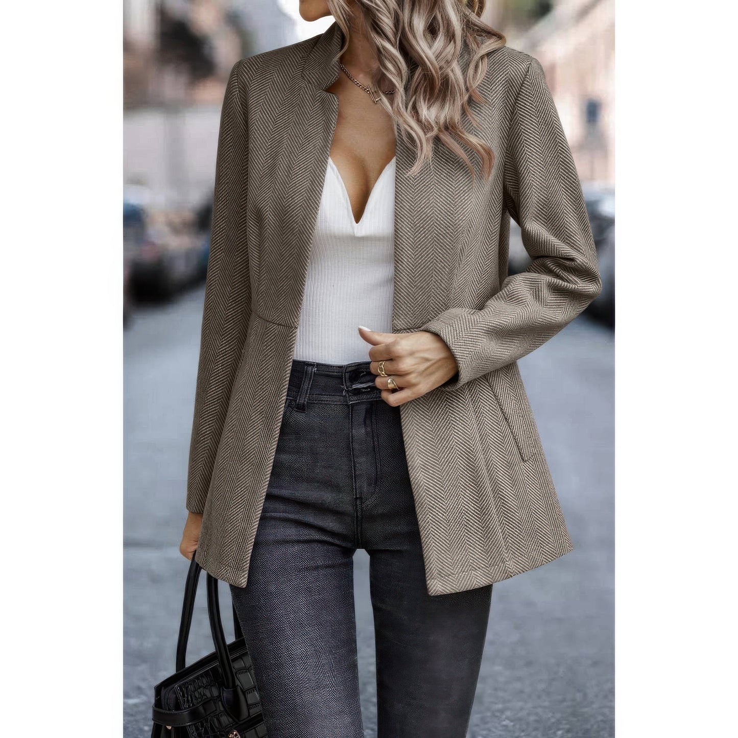 Solid Pocket Long Sleeve Elegant Wool Coat