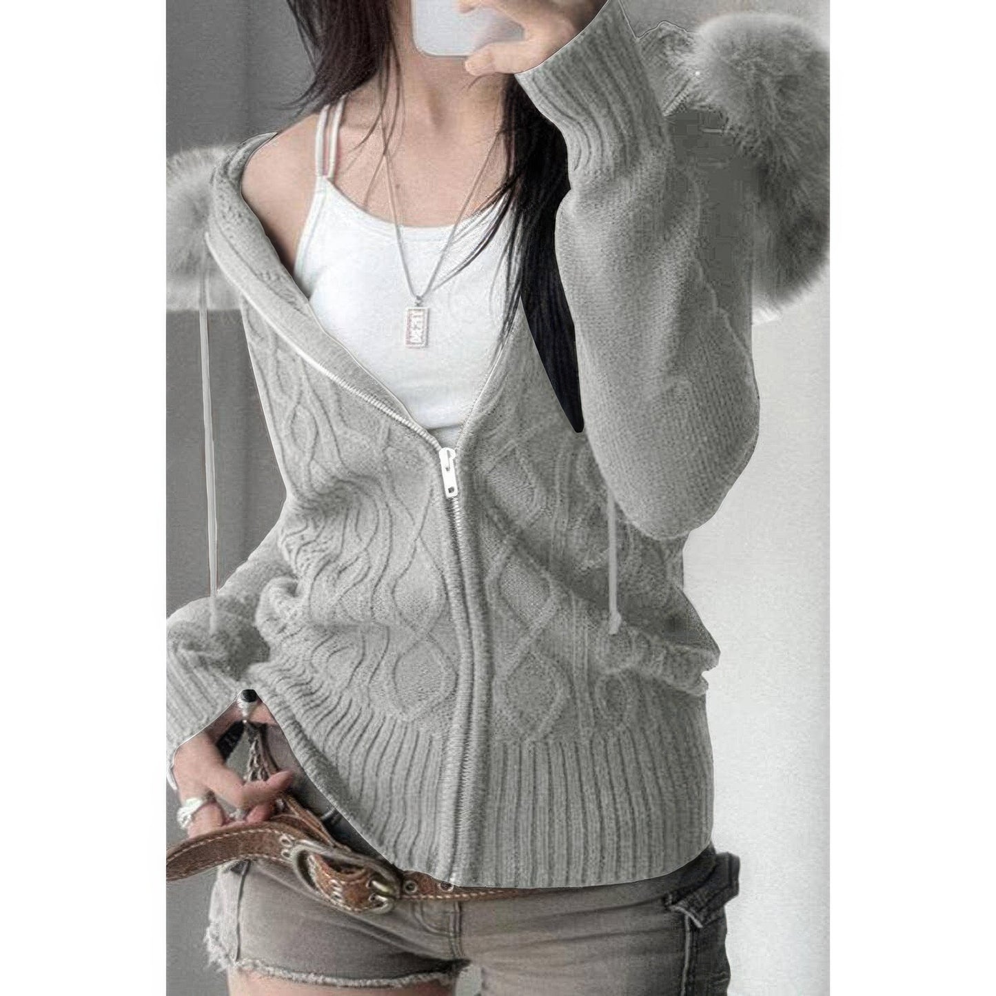 Solid Zipper Twist And Fur Stitching Jacket