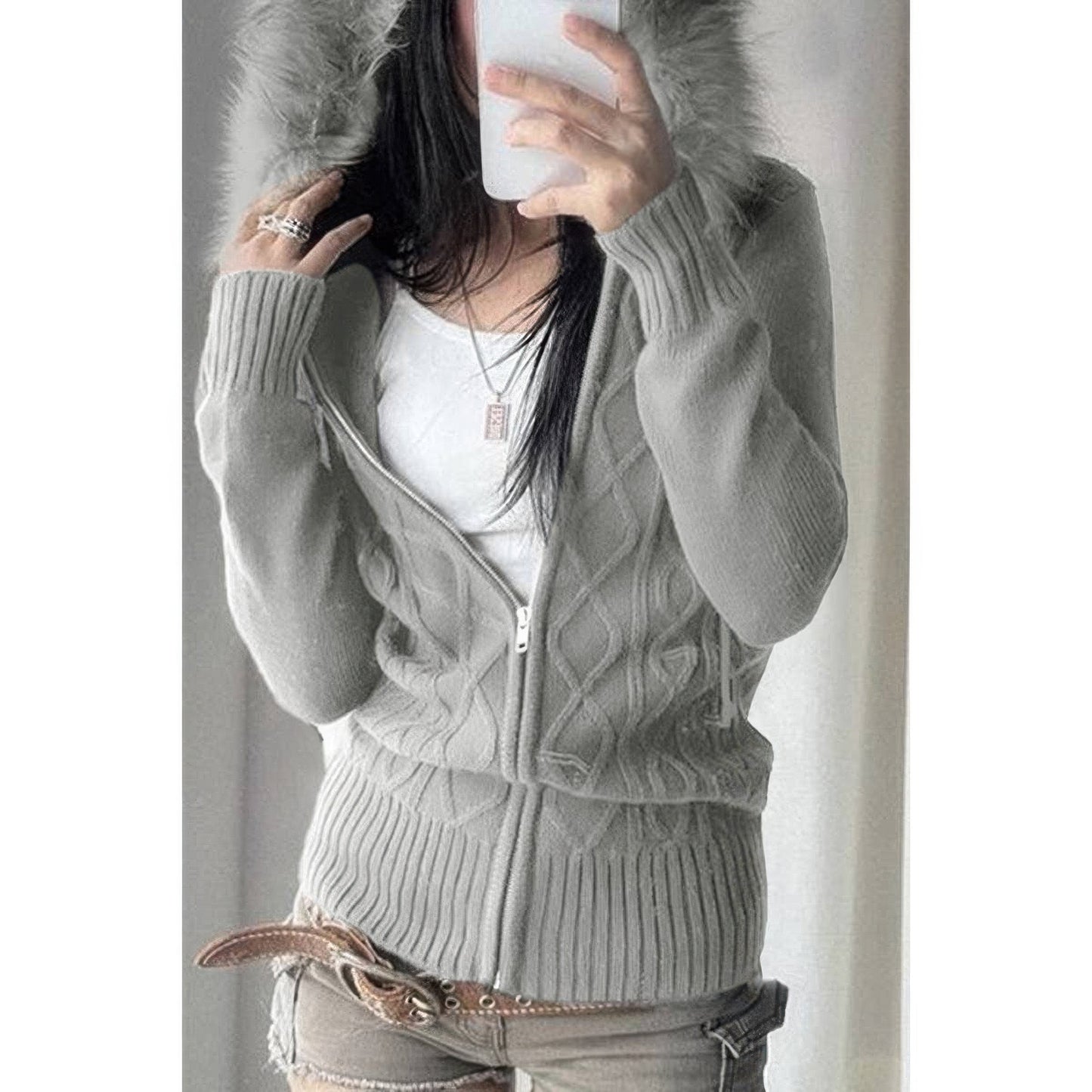 Solid Zipper Twist And Fur Stitching Jacket