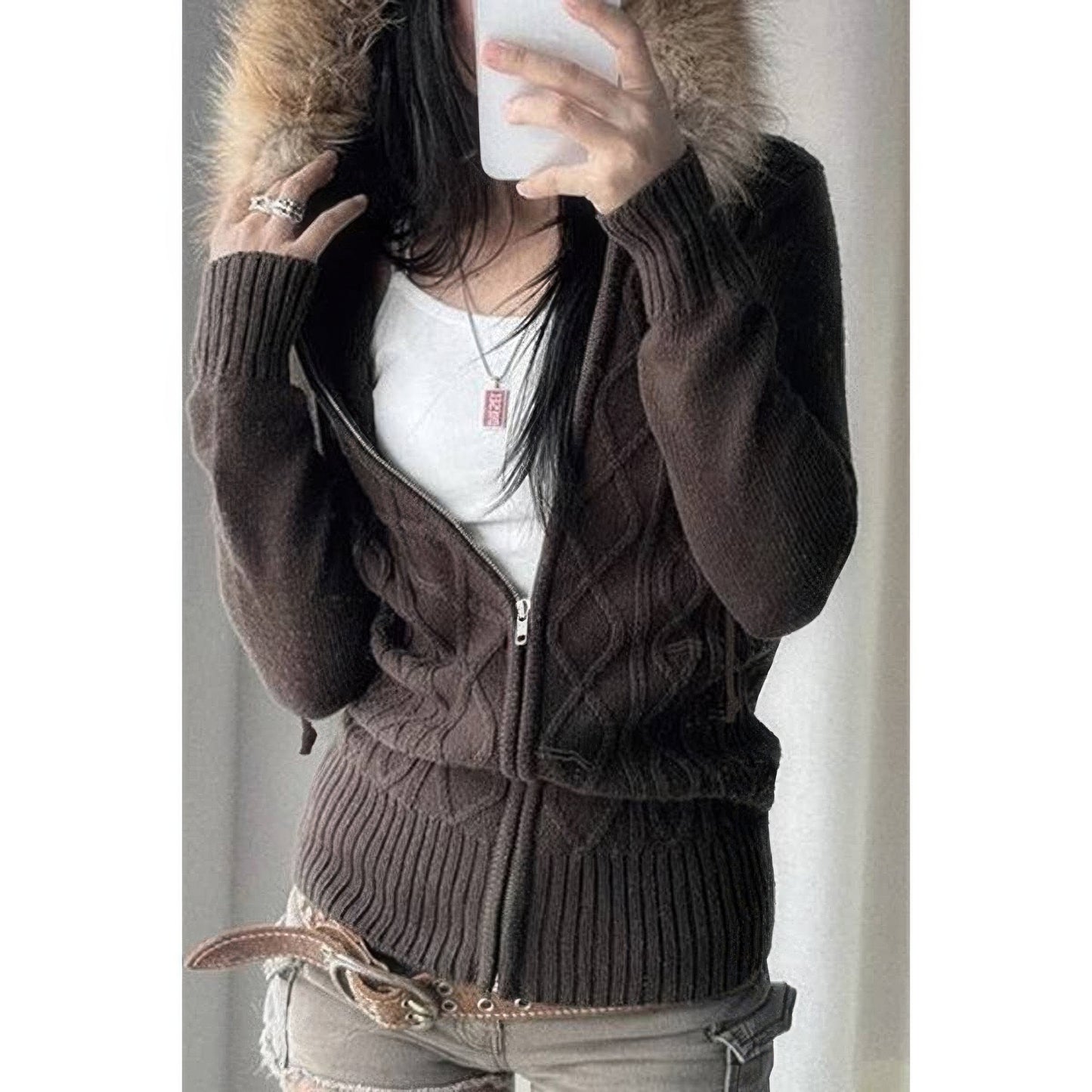 Solid Zipper Twist And Fur Stitching Jacket