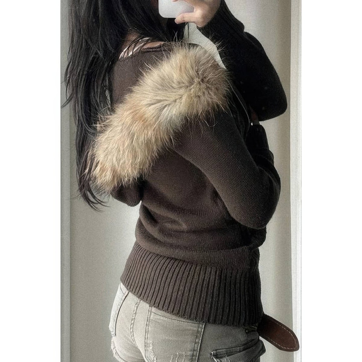 Solid Zipper Twist And Fur Stitching Jacket