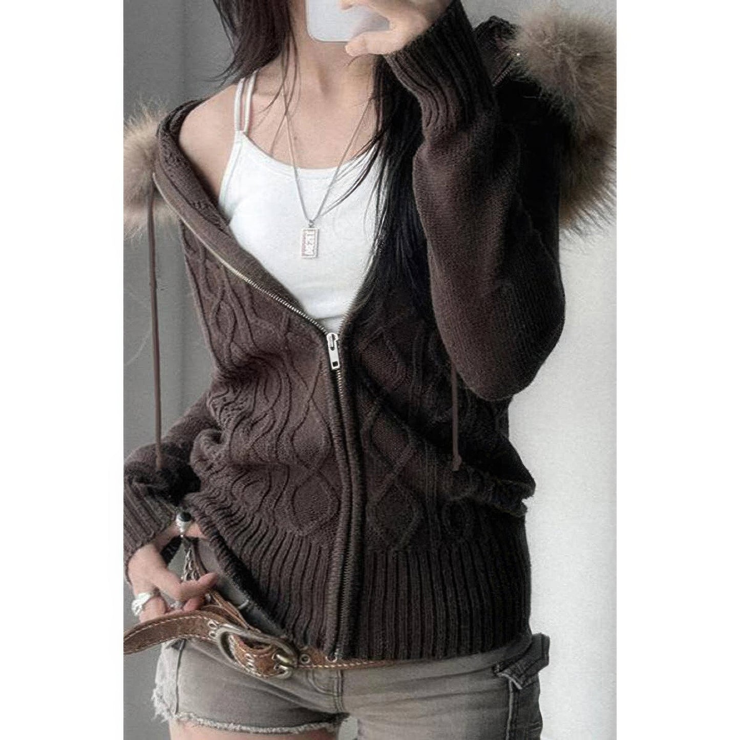 Solid Zipper Twist And Fur Stitching Jacket