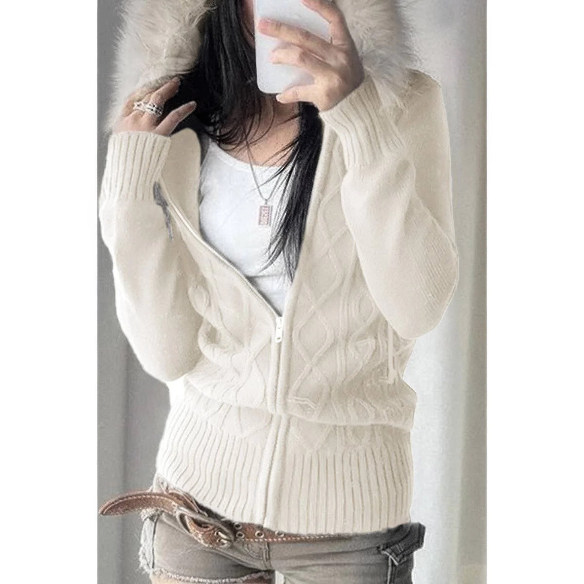 Solid Zipper Twist And Fur Stitching Jacket