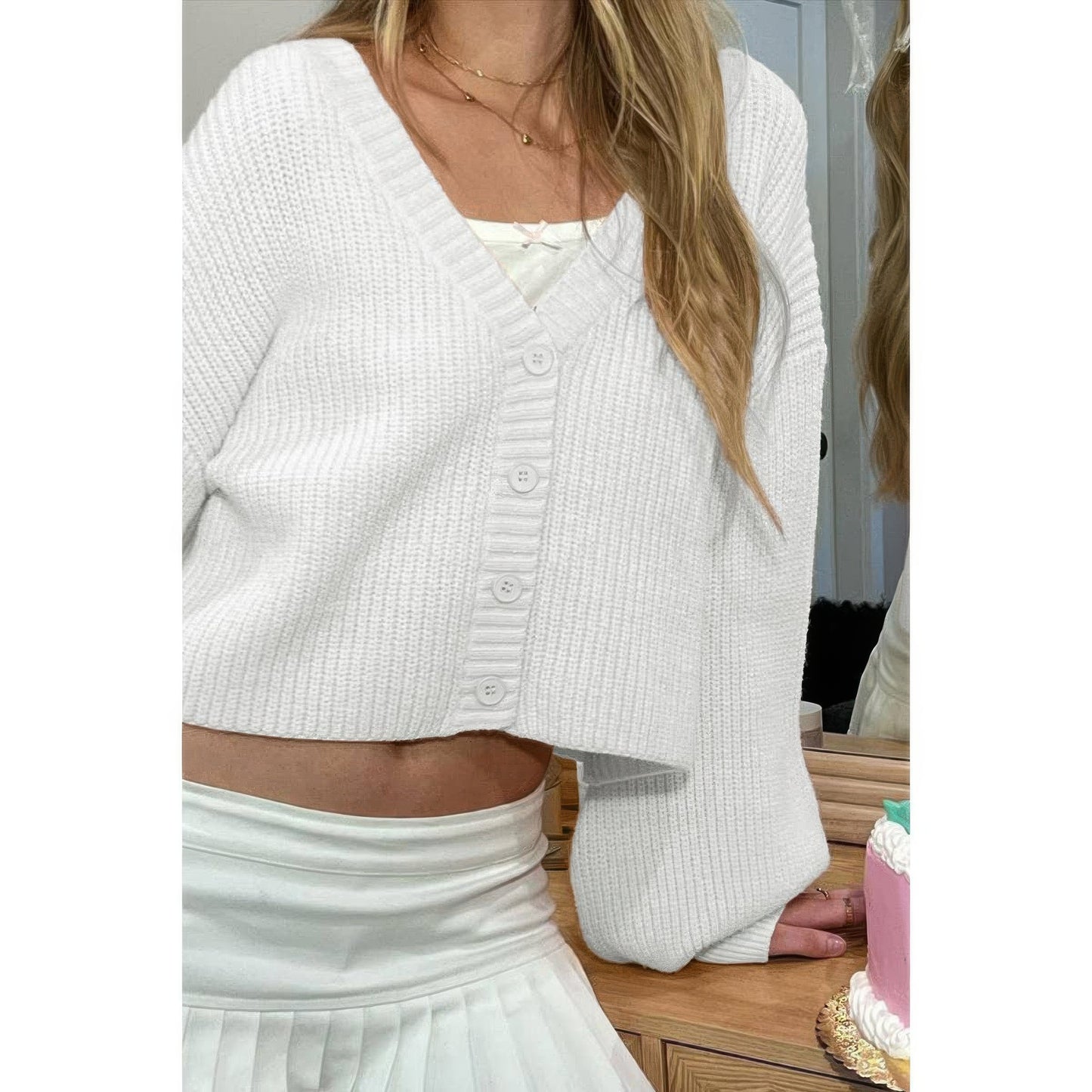 Drop Shoulder Solid Knit V Neck Button Sweater