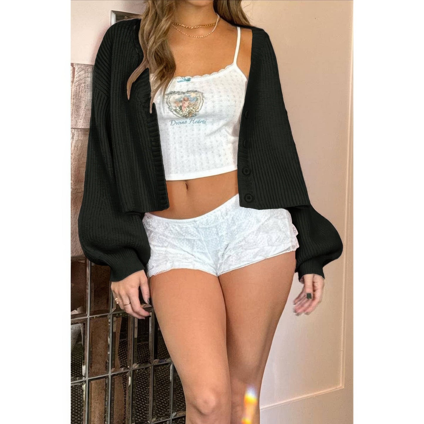 Drop Shoulder Solid Knit V Neck Button Sweater