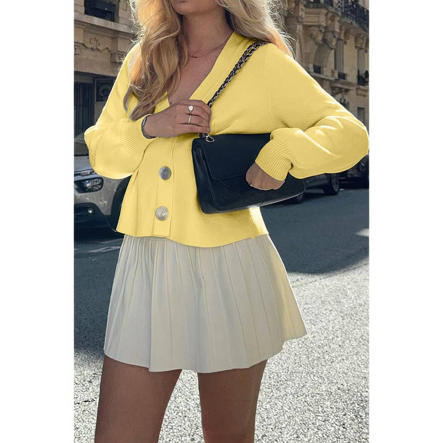 Solid Knit Button Up V Neck Knit Cardigan