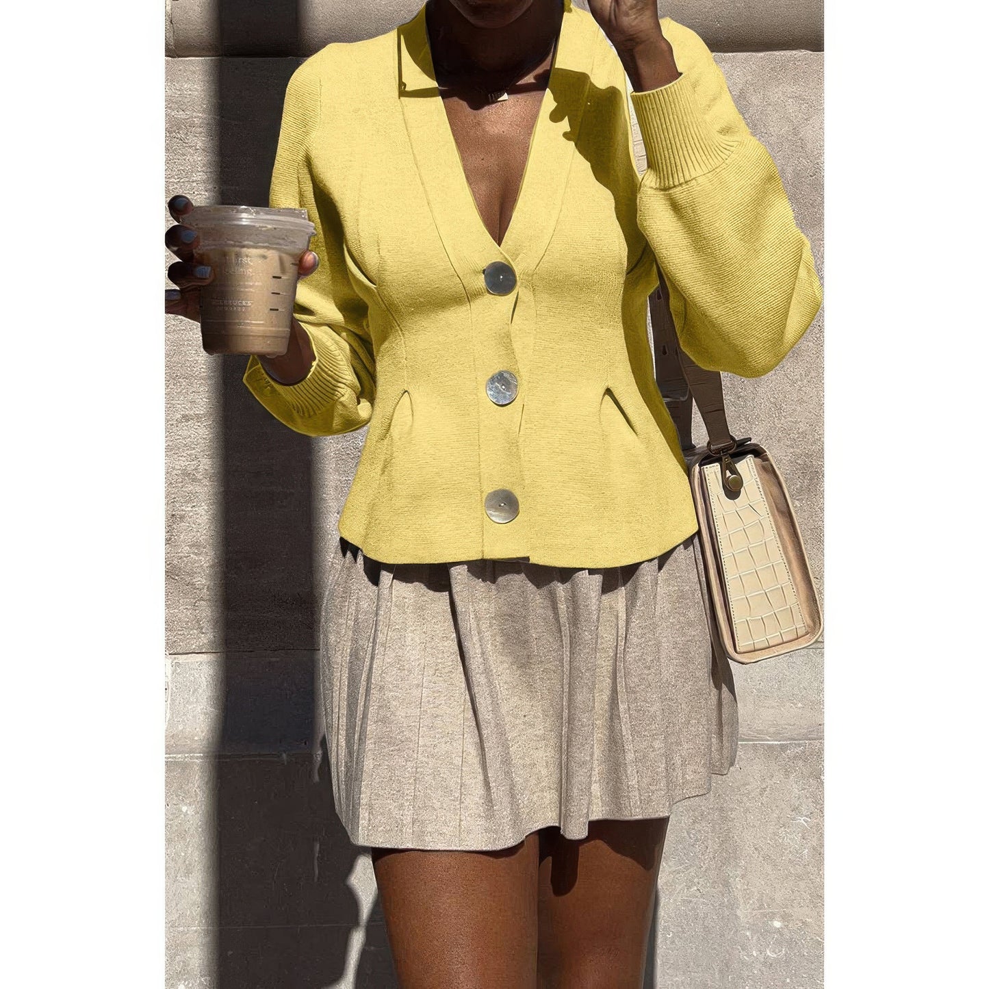 Solid Knit Button Up V Neck Knit Cardigan