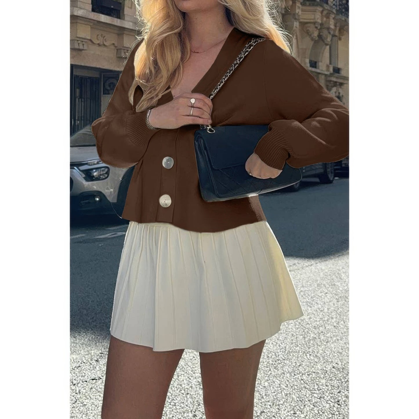 Solid Knit Button Up V Neck Knit Cardigan