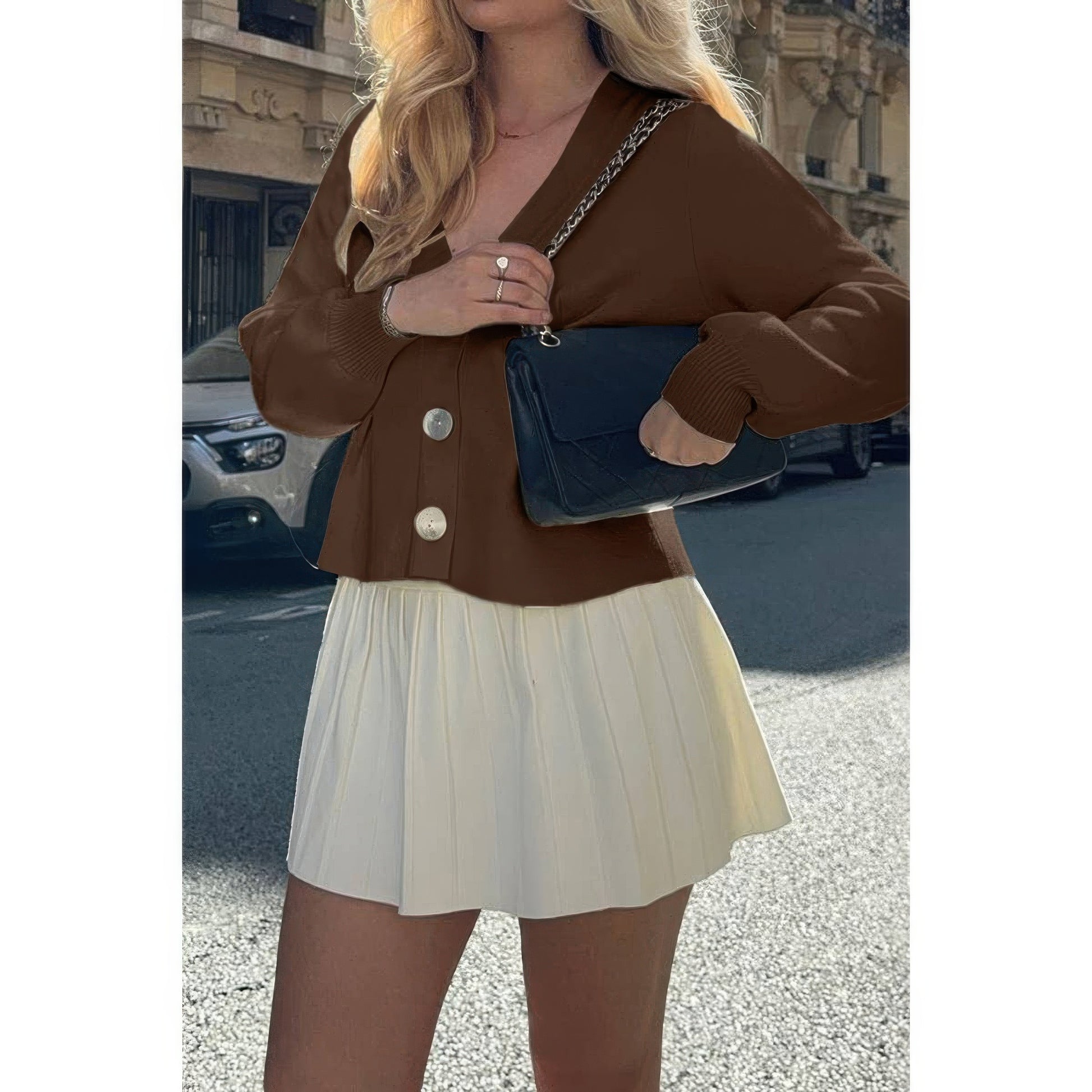 Solid Knit Button Up V Neck Knit Cardigan