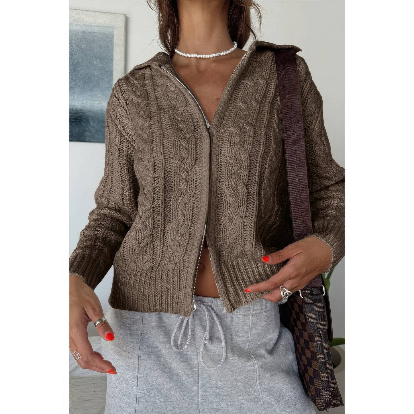 Solid Cable Knit Drop Shoulder Zipper Cardigan
