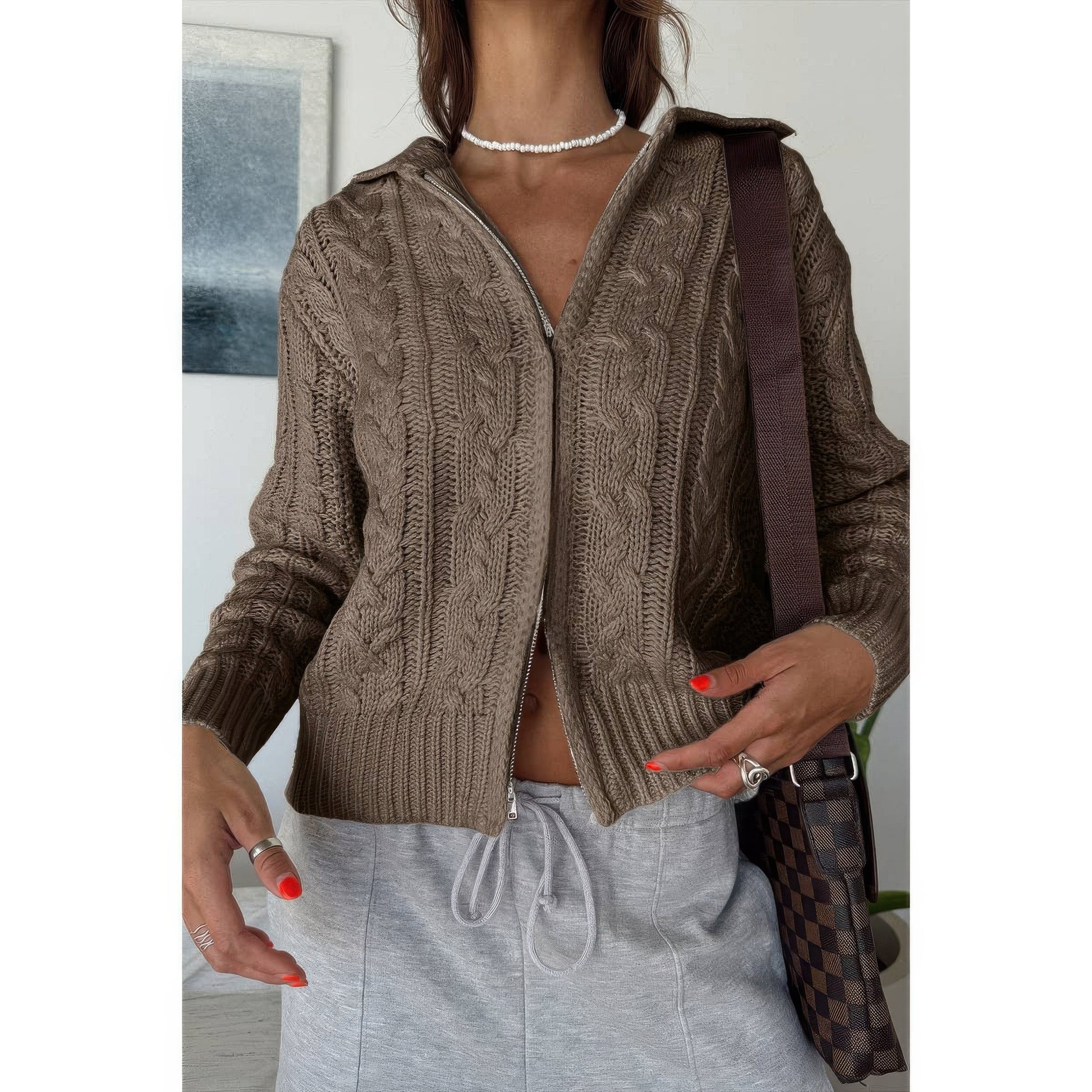 Solid Cable Knit Drop Shoulder Zipper Cardigan