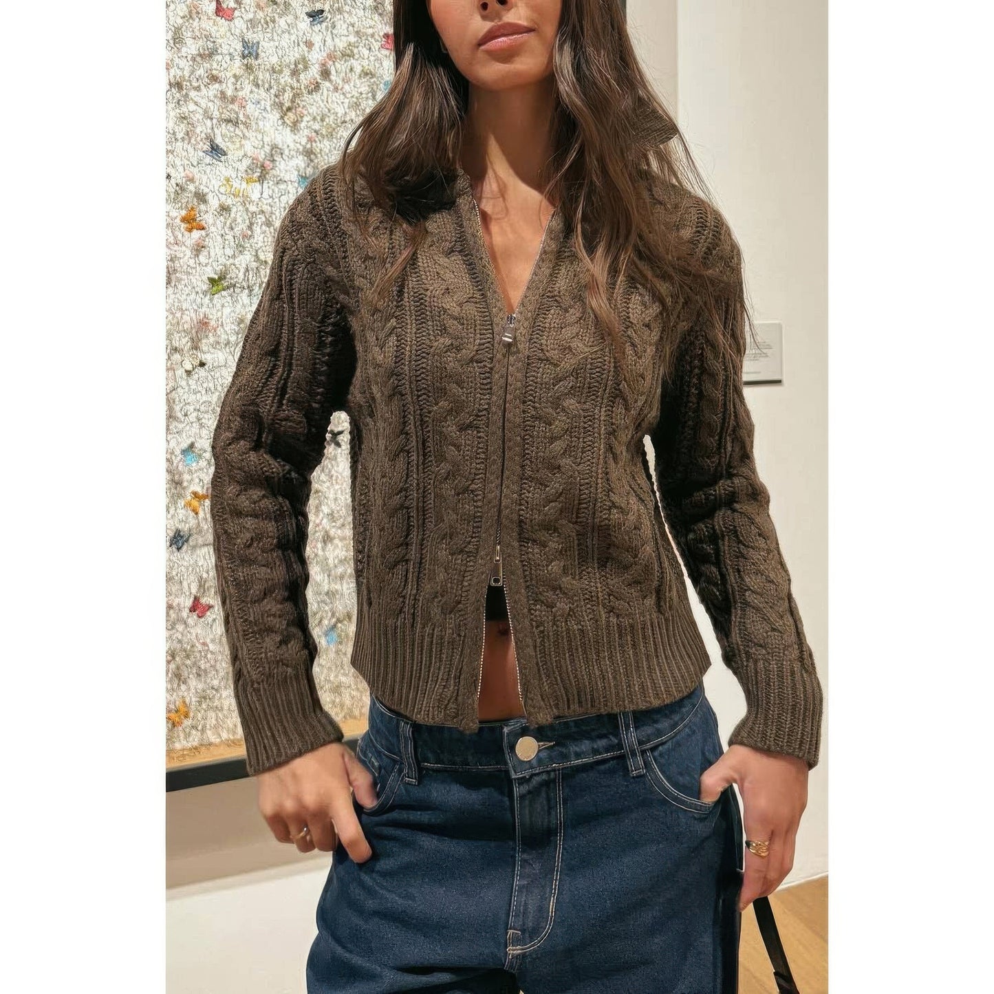 Solid Cable Knit Drop Shoulder Zipper Cardigan