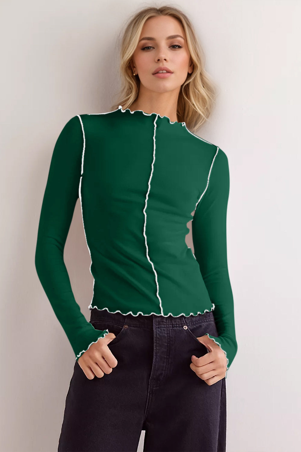 Basic Bae Contrast Trim Mock Neck Long Sleeve T-Shirt ShopBasicbae