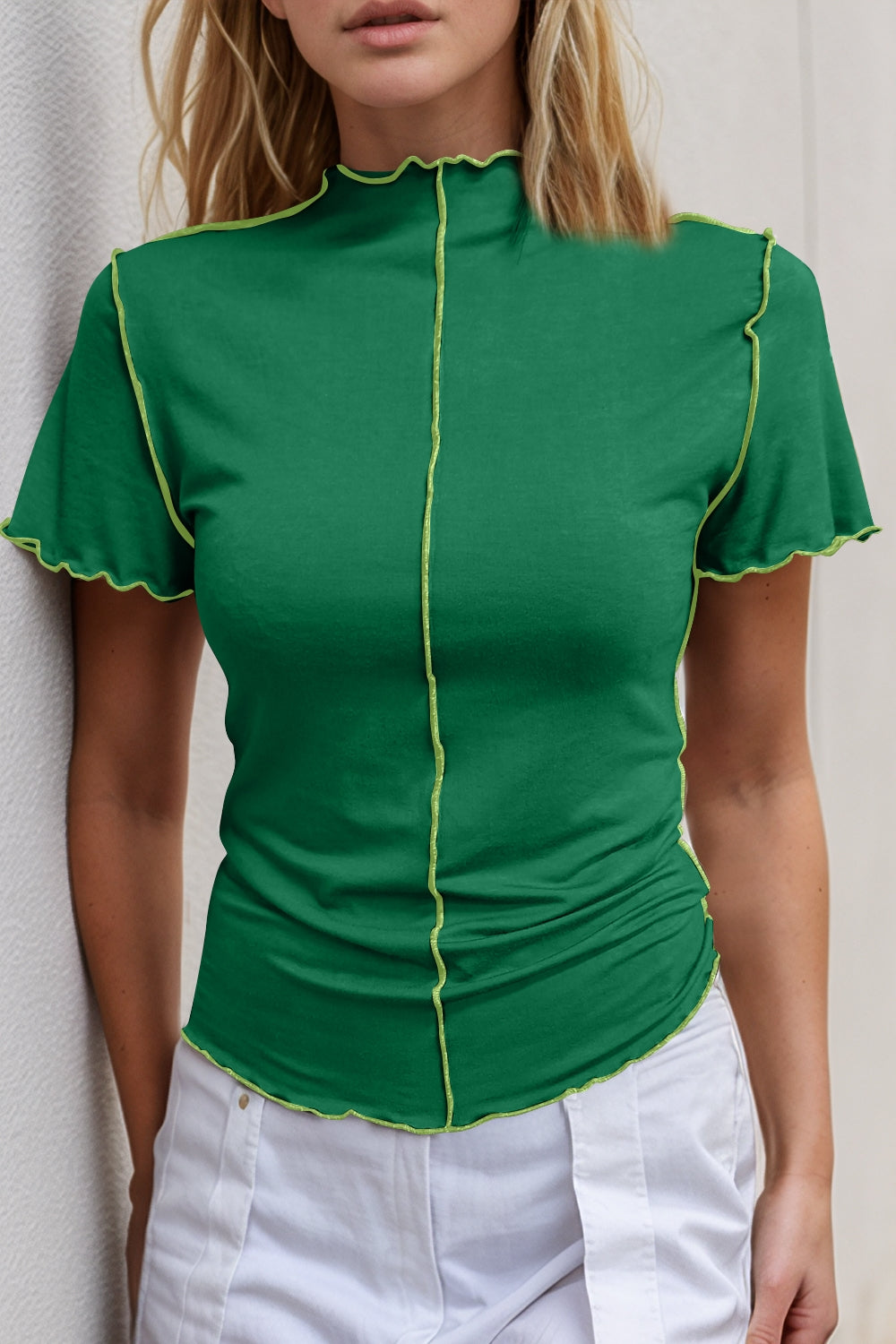 Basic Bae Contrast Trim Mock Neck Short Sleeve T-Shirt ShopBasicbae