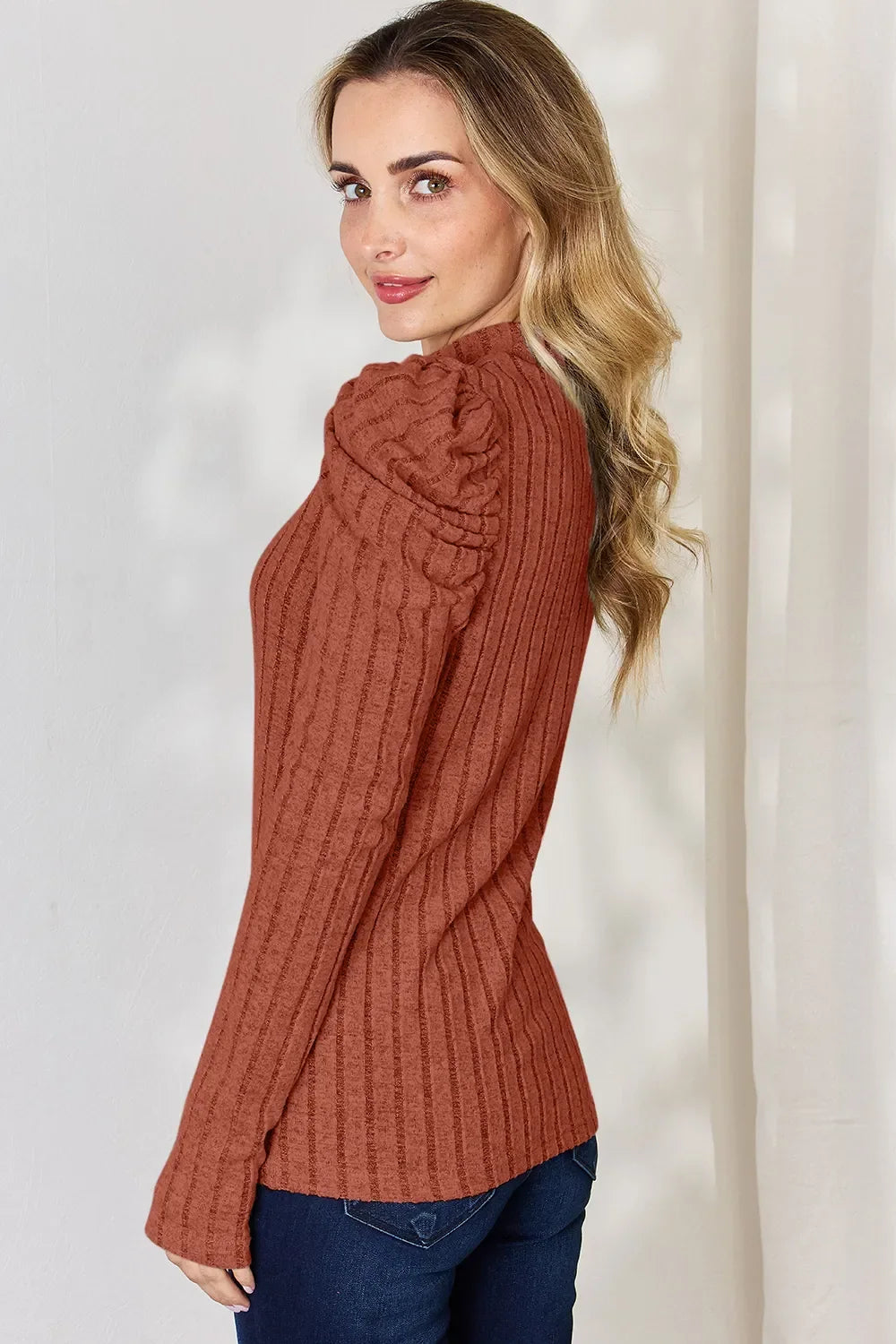 Basic Bae Full Size Ribbed Mock Neck Puff Sleeve T-Shirt ShopBasicbae